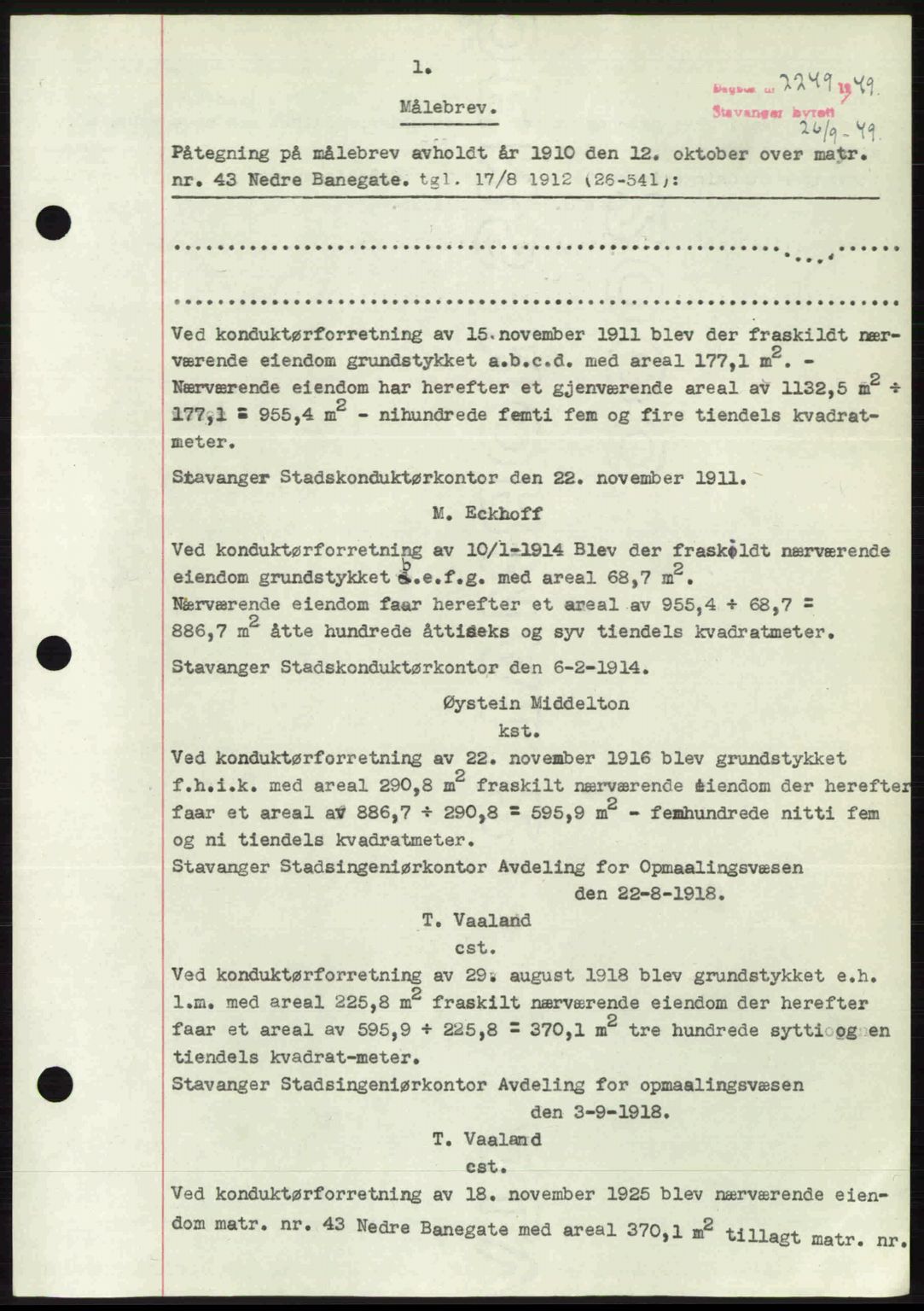 Stavanger byrett, SAST/A-100455/002/G/Gb/L0023: Mortgage book no. A12, 1948-1949, Diary no: : 2249/1949