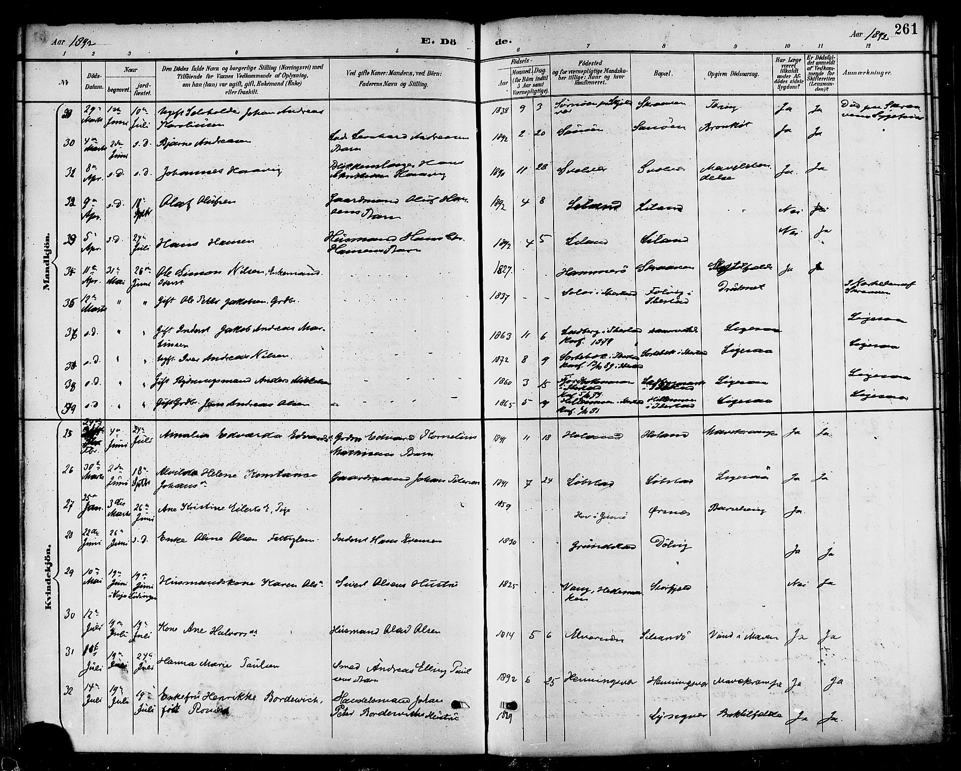 Ministerialprotokoller, klokkerbøker og fødselsregistre - Nordland, AV/SAT-A-1459/874/L1060: Parish register (official) no. 874A04, 1890-1899, p. 261