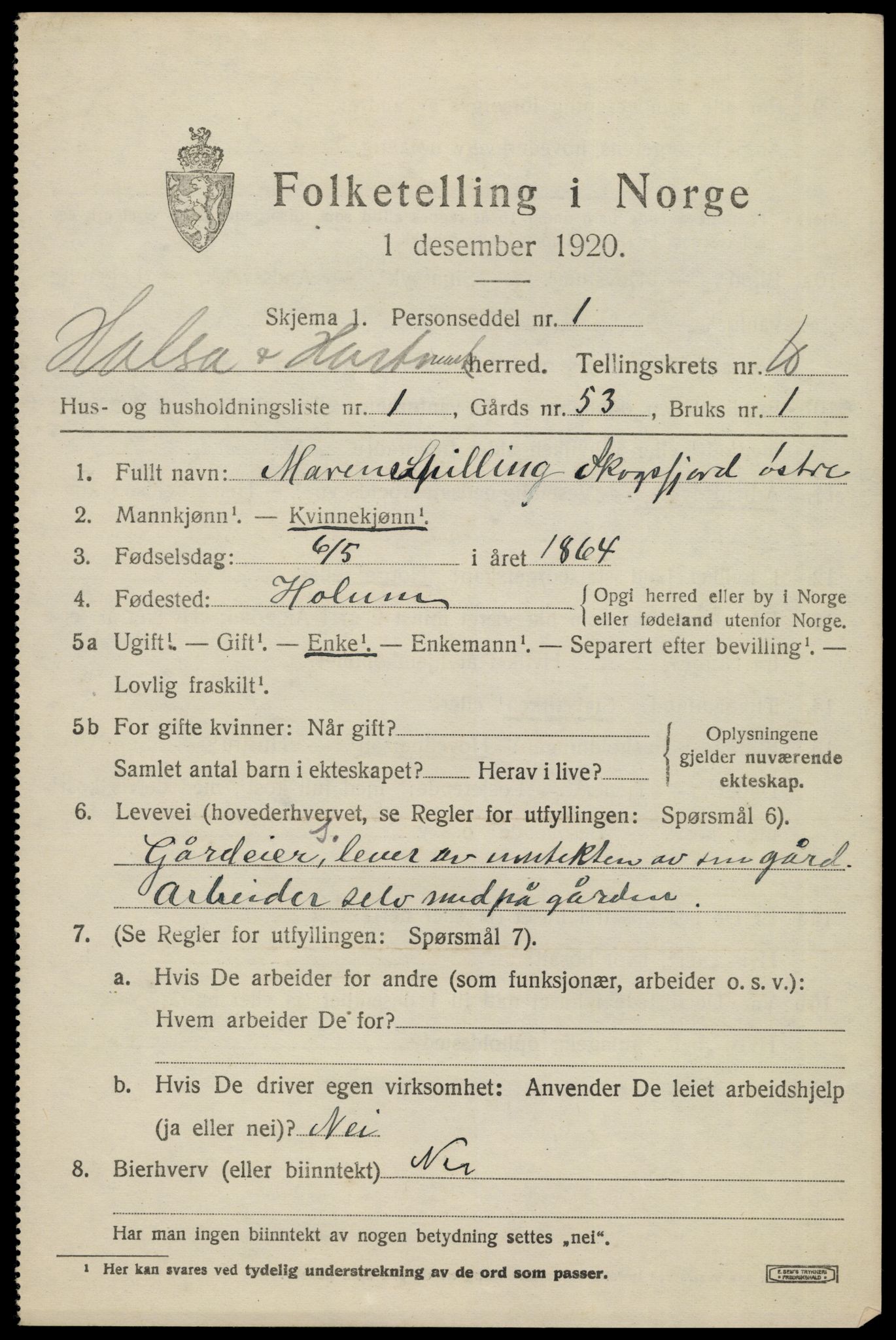 SAK, 1920 census for Halse og Harkmark, 1920, p. 5609