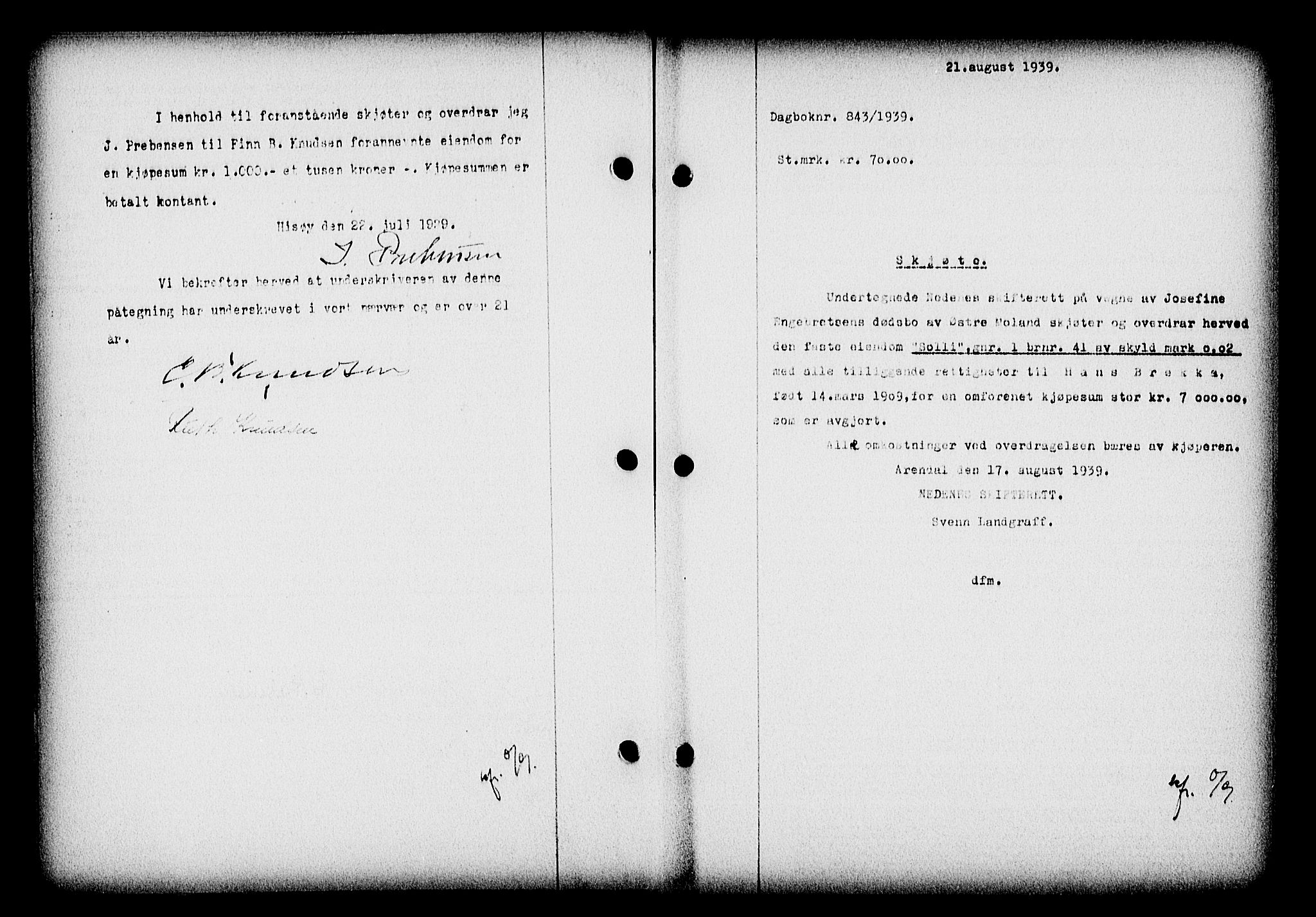 Nedenes sorenskriveri, AV/SAK-1221-0006/G/Gb/Gba/L0047: Mortgage book no. A-I, 1939-1940, Diary no: : 843/1939