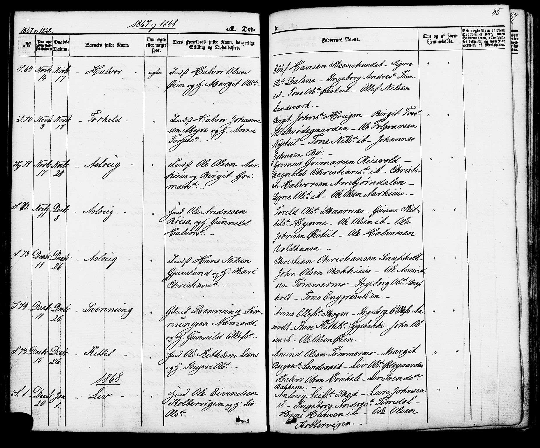 Hjartdal kirkebøker, SAKO/A-270/F/Fa/L0009: Parish register (official) no. I 9, 1860-1879, p. 85