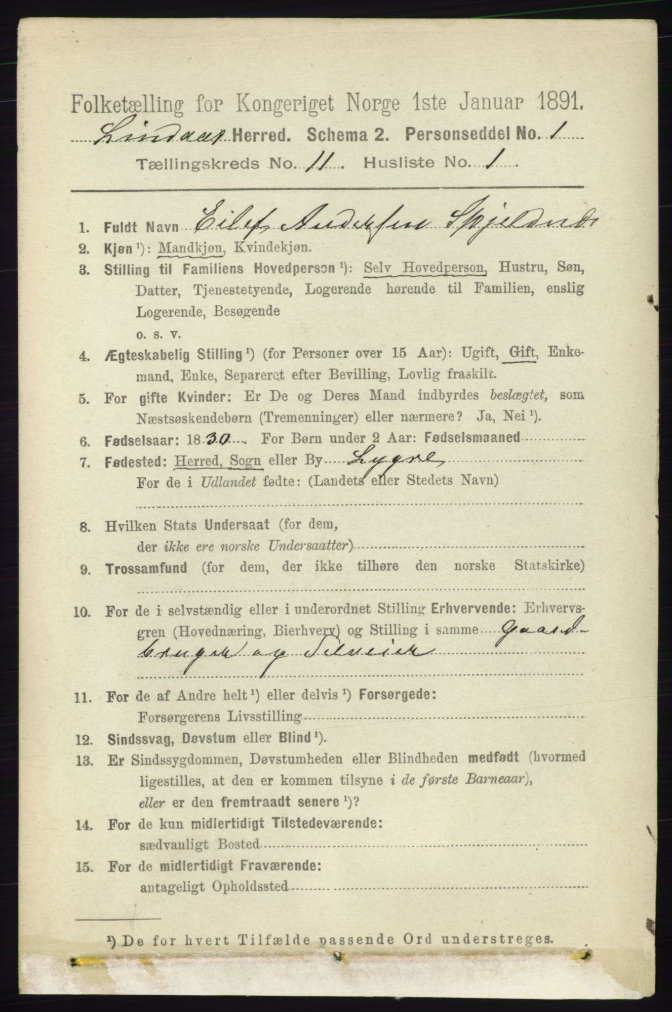 RA, 1891 census for 1263 Lindås, 1891, p. 3657