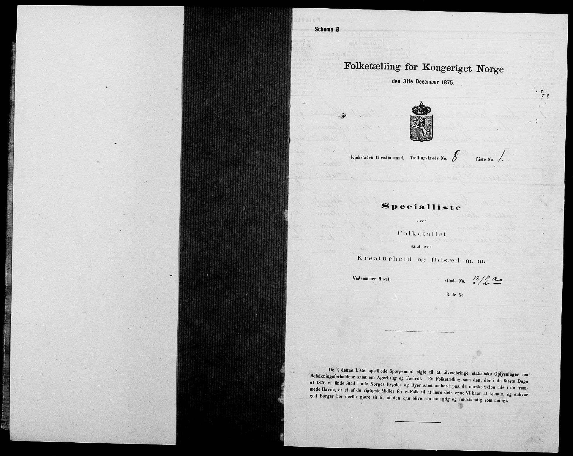 SAK, 1875 census for 1001P Kristiansand, 1875, p. 1215