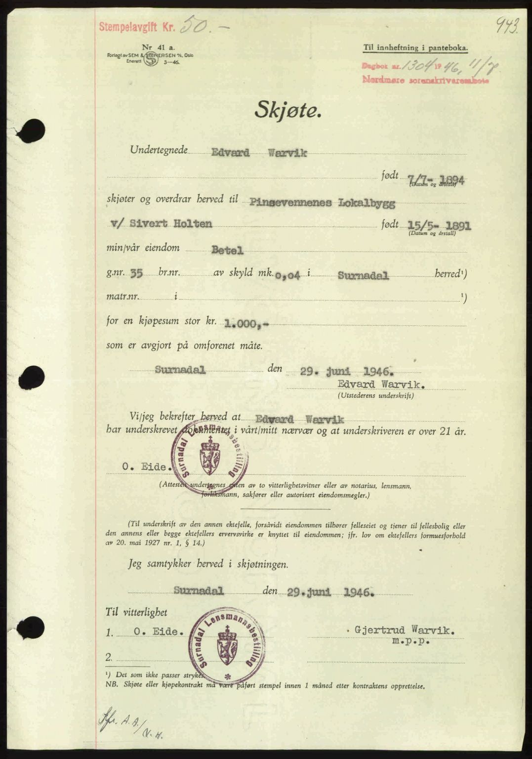 Nordmøre sorenskriveri, AV/SAT-A-4132/1/2/2Ca: Mortgage book no. A101, 1946-1946, Diary no: : 1304/1946