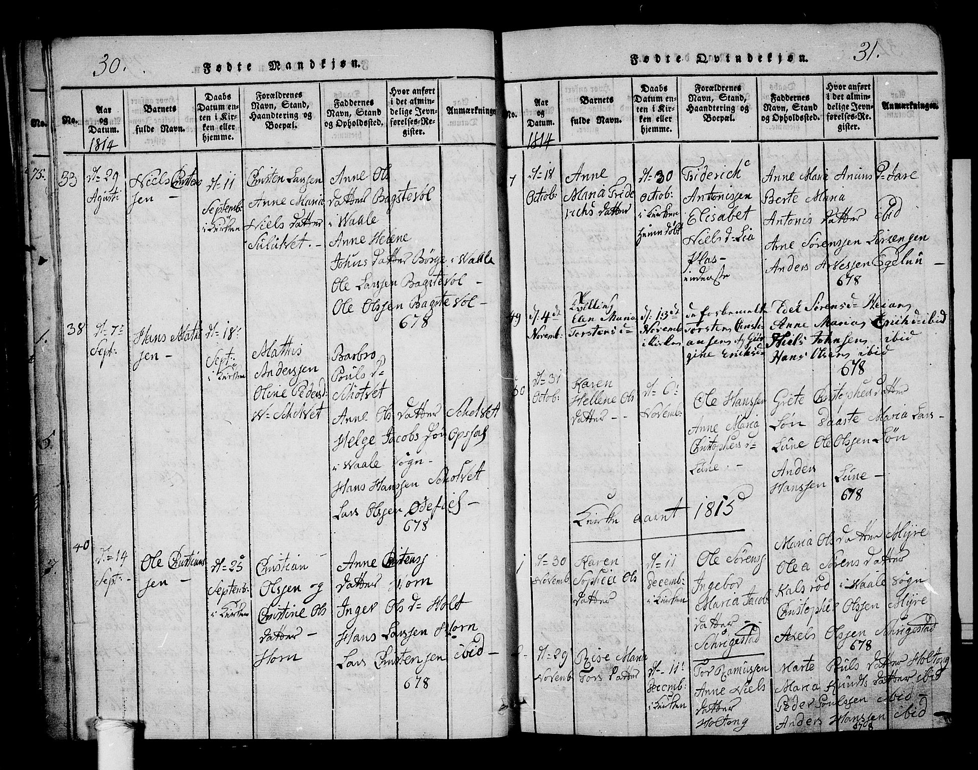 Ramnes kirkebøker, AV/SAKO-A-314/G/Ga/L0001: Parish register (copy) no. I 1, 1813-1847, p. 30-31