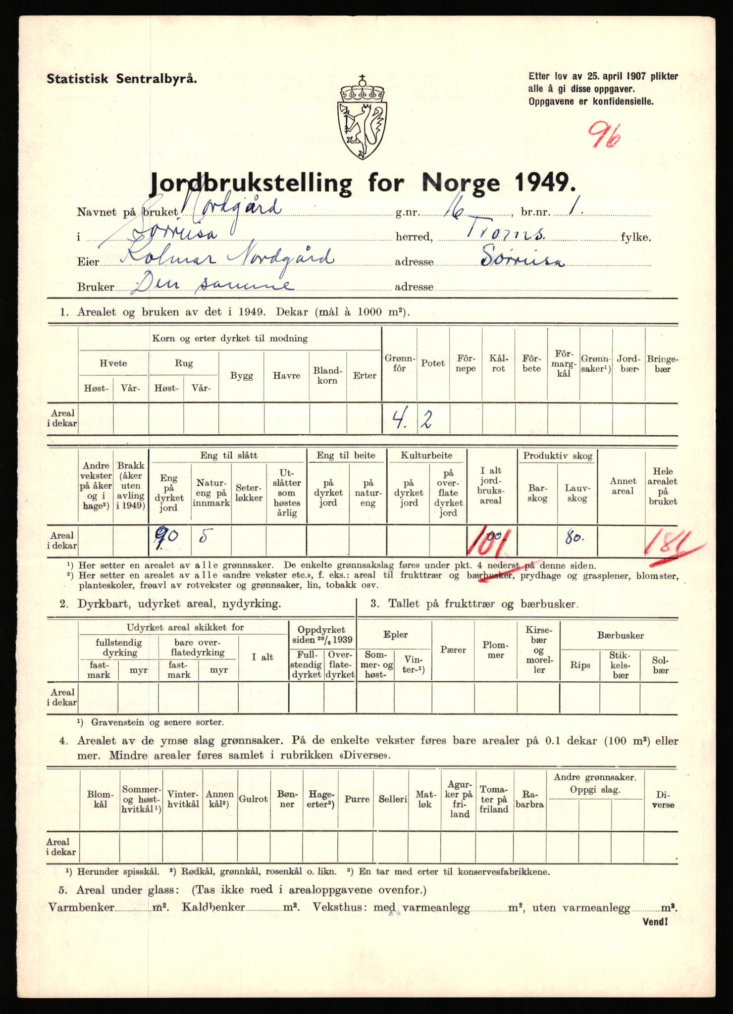 Statistisk sentralbyrå, Næringsøkonomiske emner, Jordbruk, skogbruk, jakt, fiske og fangst, AV/RA-S-2234/G/Gc/L0440: Troms: Sørreisa og Dyrøy, 1949, p. 868