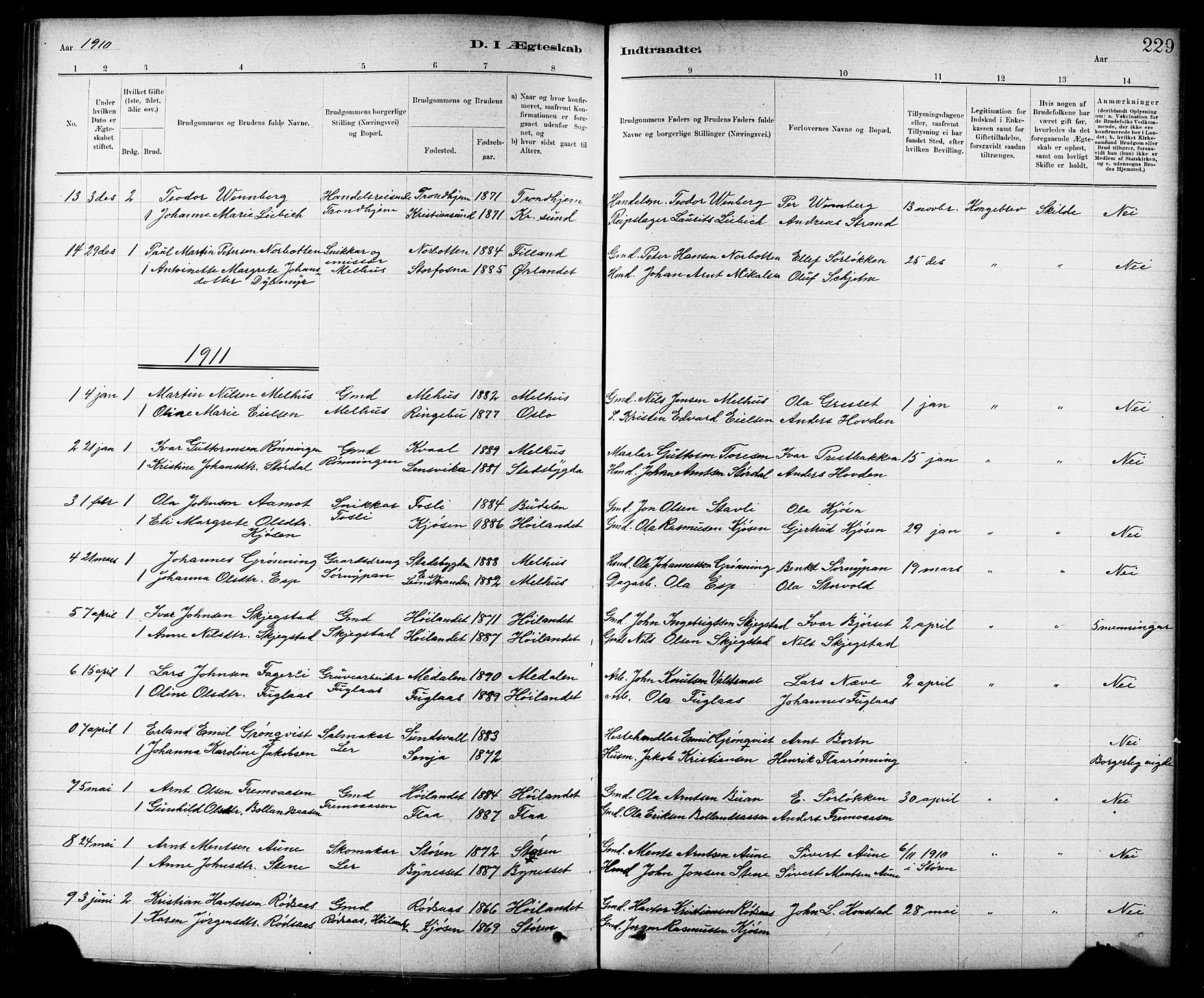 Ministerialprotokoller, klokkerbøker og fødselsregistre - Sør-Trøndelag, SAT/A-1456/691/L1094: Parish register (copy) no. 691C05, 1879-1911, p. 229