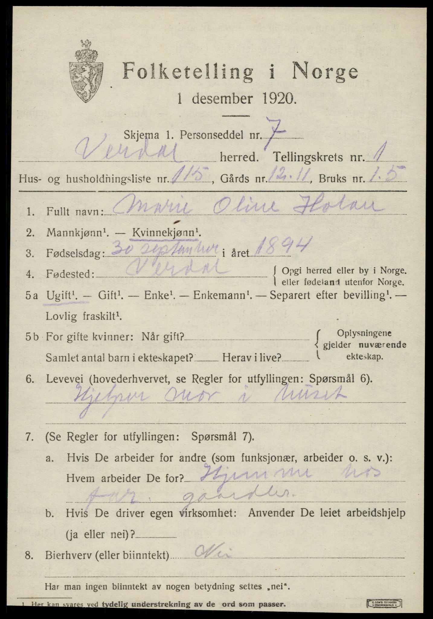 SAT, 1920 census for Verdal, 1920, p. 3725