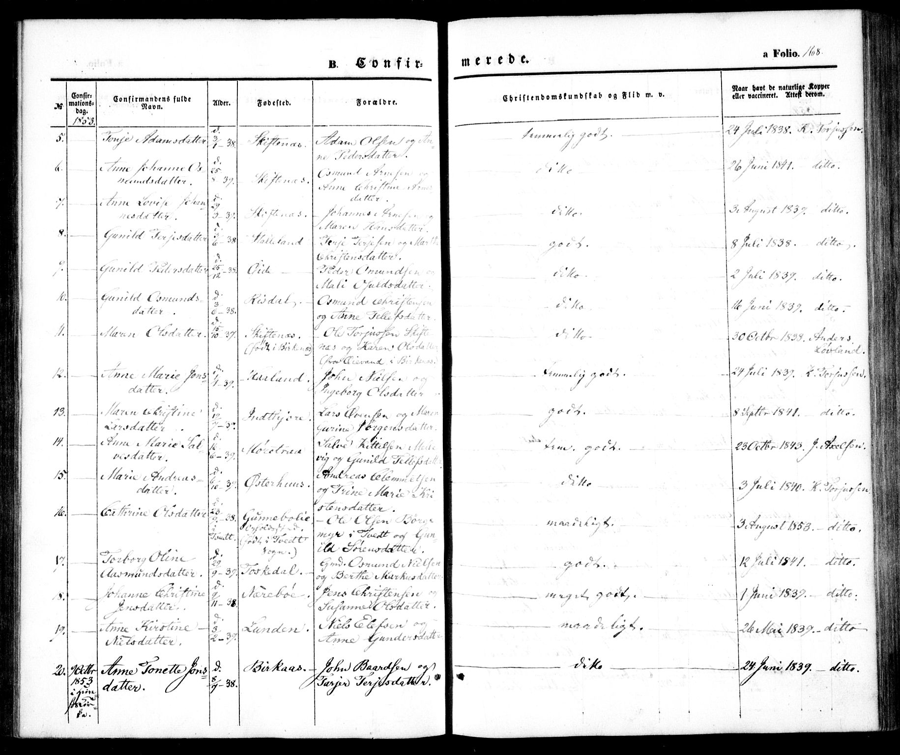 Hommedal sokneprestkontor, AV/SAK-1111-0023/F/Fa/Fab/L0004: Parish register (official) no. A 4, 1848-1860, p. 168