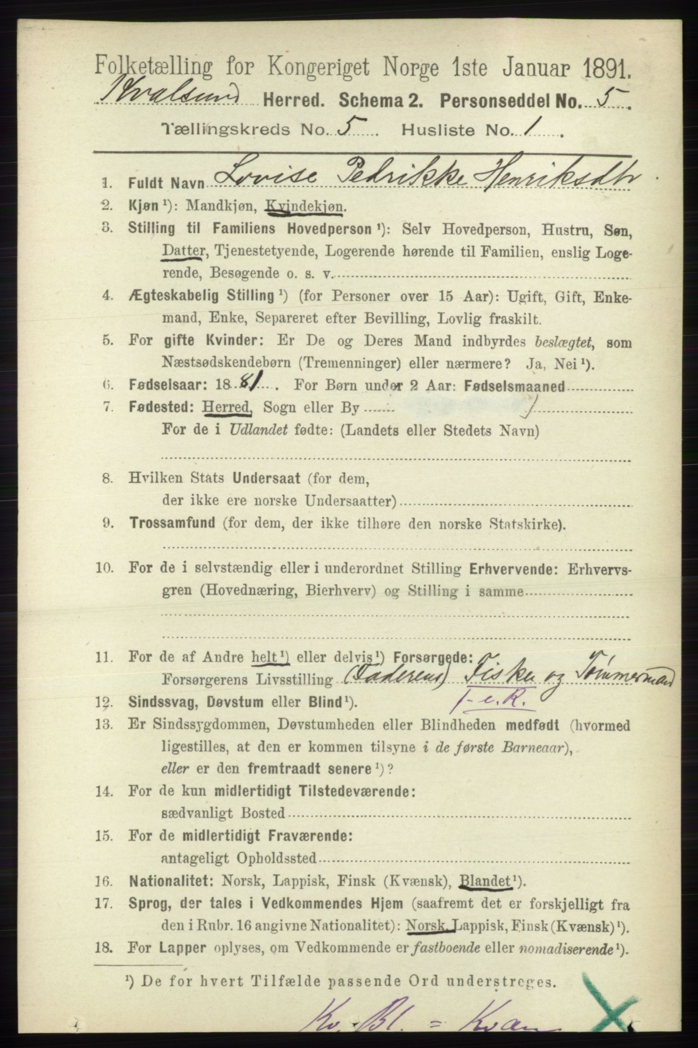 RA, 1891 census for 2017 Kvalsund, 1891, p. 519