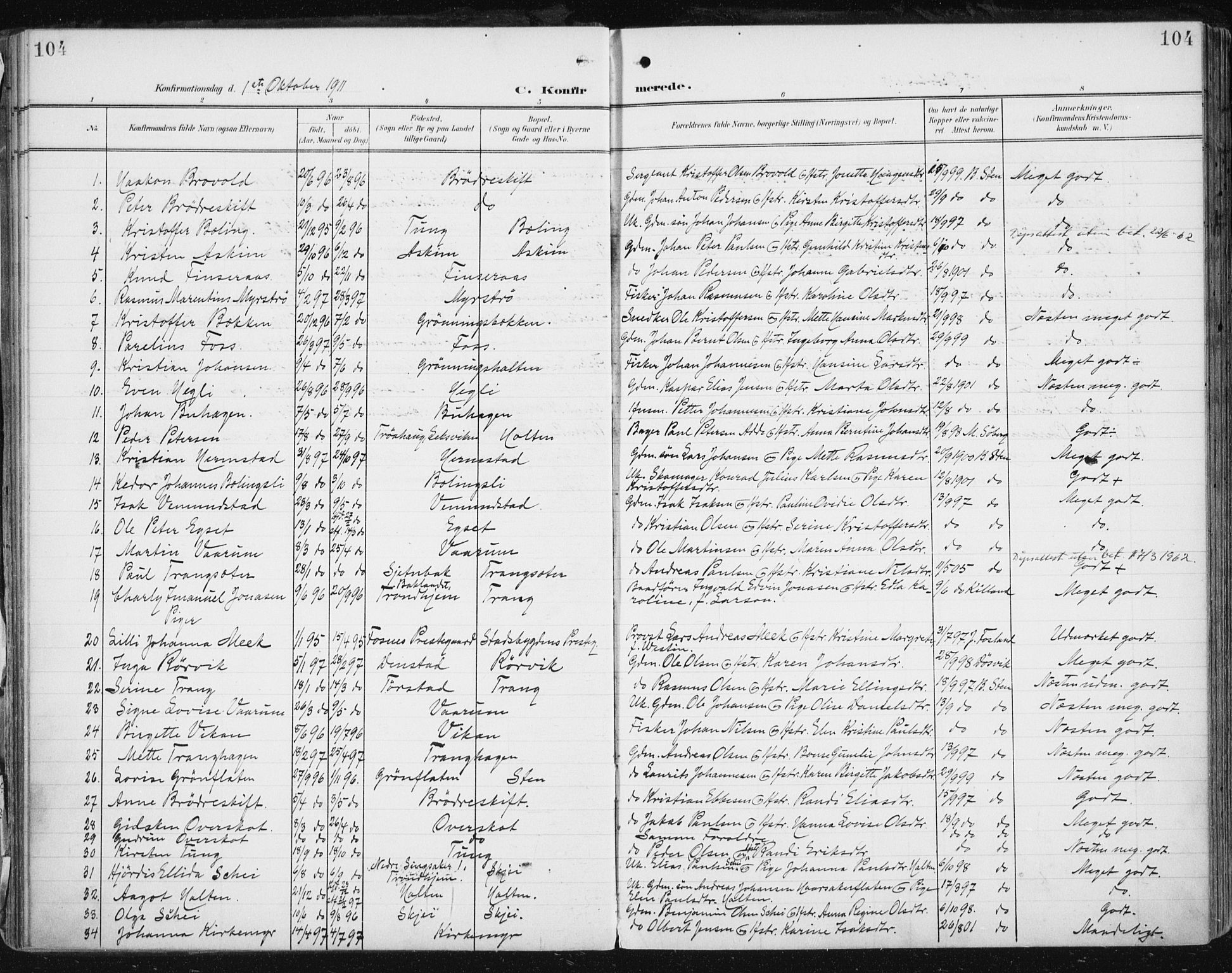 Ministerialprotokoller, klokkerbøker og fødselsregistre - Sør-Trøndelag, SAT/A-1456/646/L0616: Parish register (official) no. 646A14, 1900-1918, p. 104