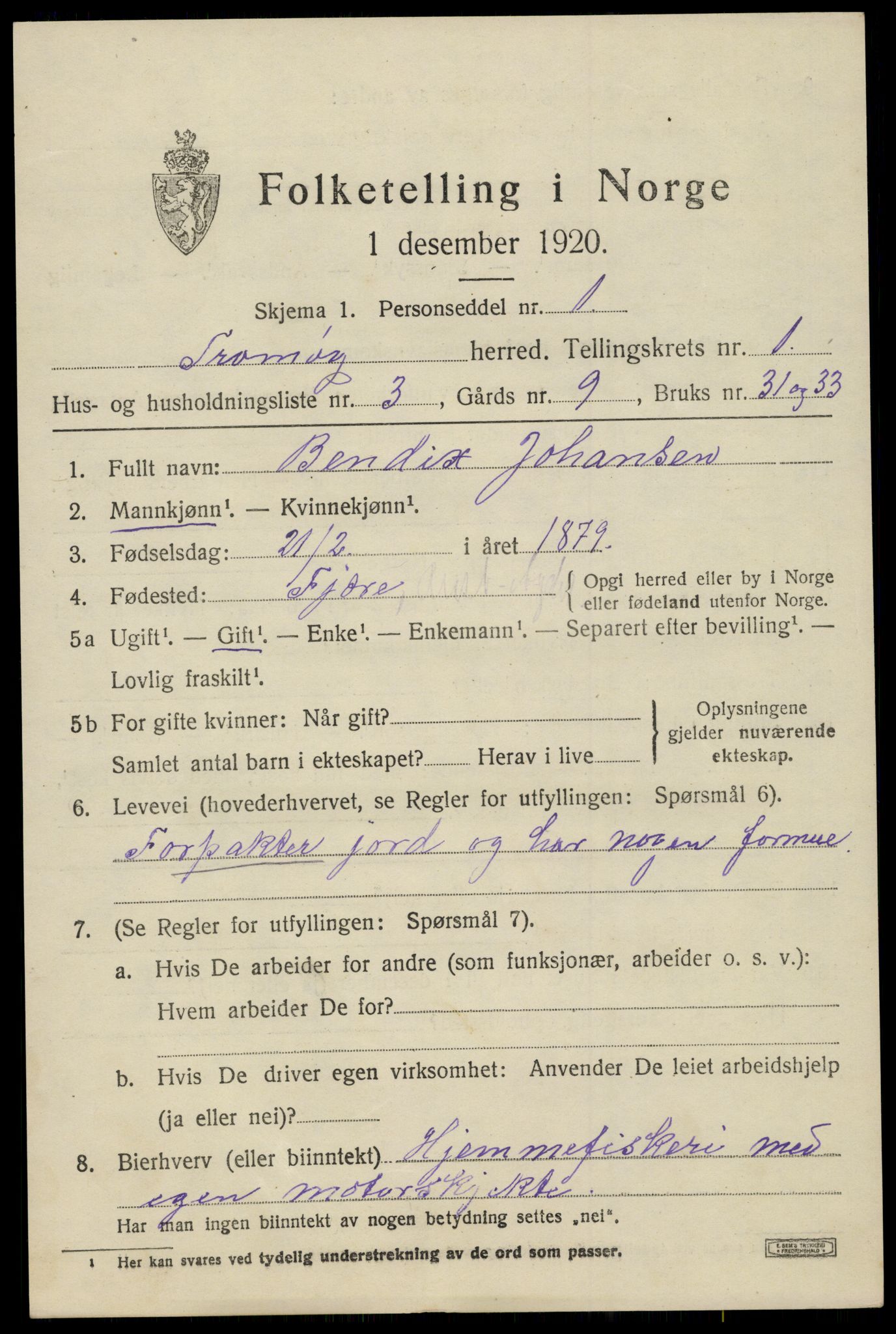 SAK, 1920 census for Tromøy, 1920, p. 1077