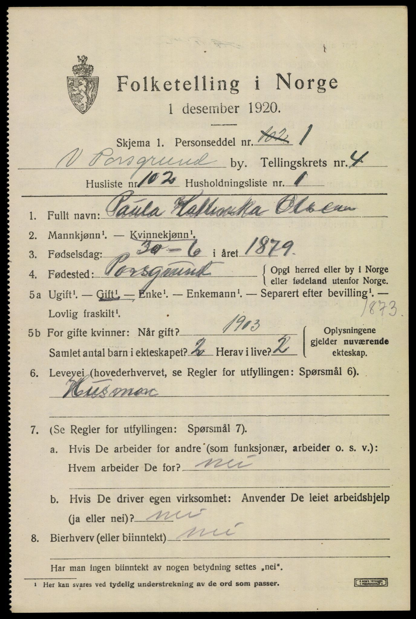 SAKO, 1920 census for Porsgrunn, 1920, p. 19879