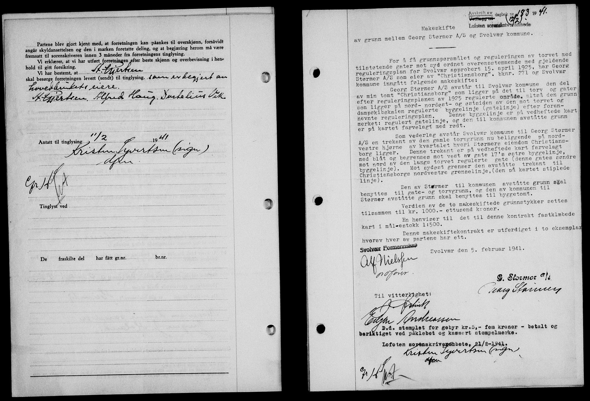 Lofoten sorenskriveri, SAT/A-0017/1/2/2C/L0008a: Mortgage book no. 8a, 1940-1941, Diary no: : 183/1941