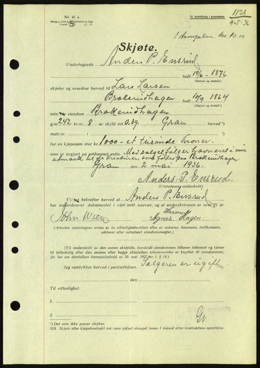 Hadeland og Land tingrett, AV/SAH-TING-010/H/Hb/Hbb/L0072: Mortgage book no. A72, 1936-1936, Diary no: : 1126/1936