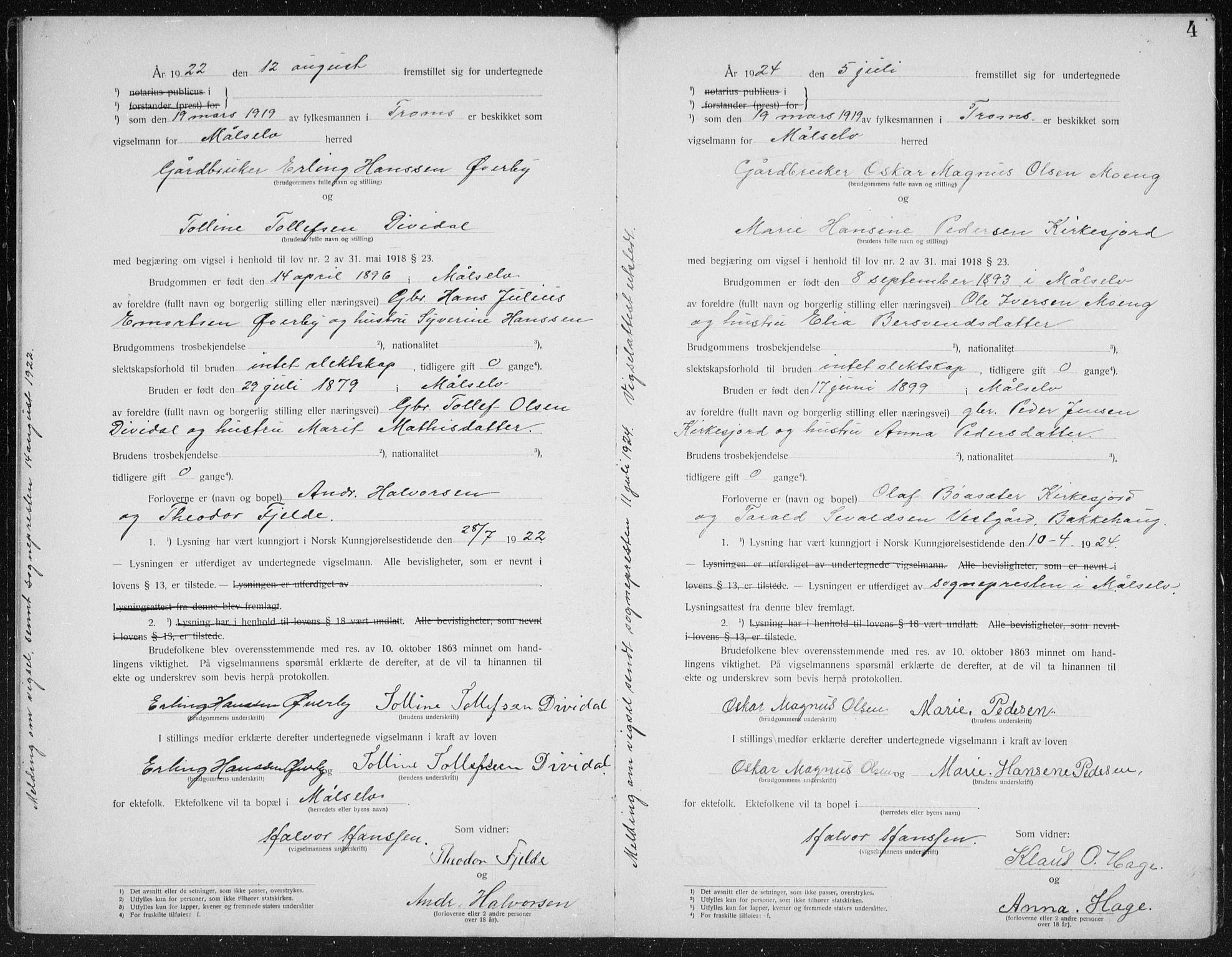 Målselv sokneprestembete, SATØ/S-1311/I/Ie/L0046: Marriage register (dissenter) no. 46, 1919-1942, p. 4