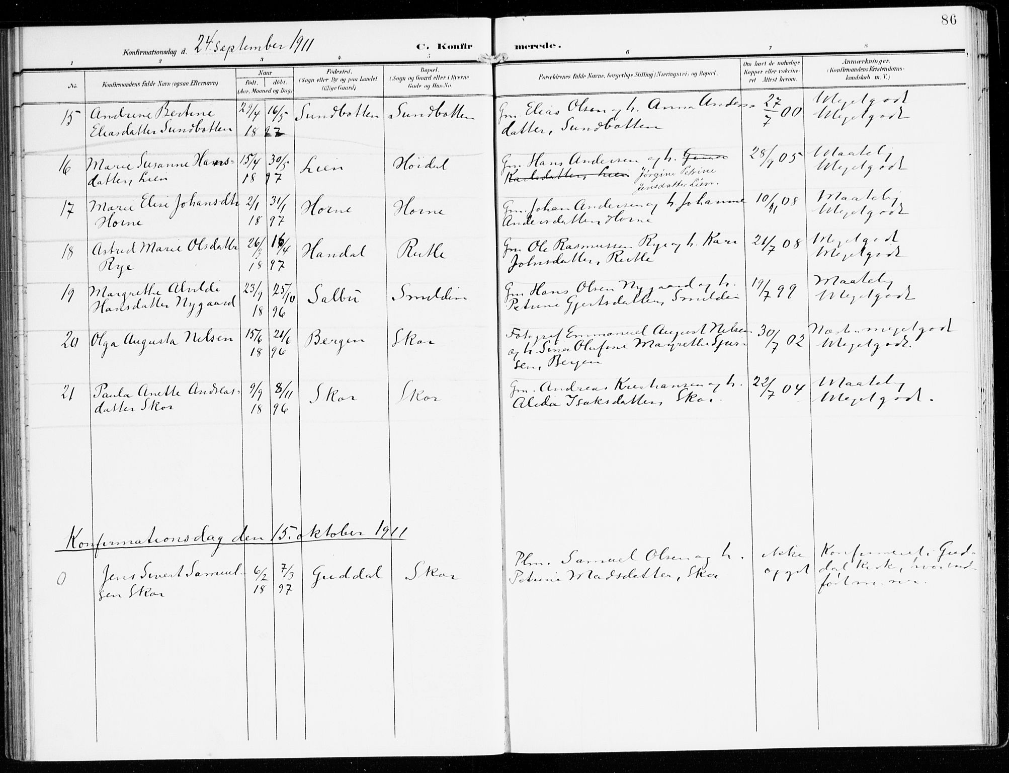 Hyllestad sokneprestembete, SAB/A-80401: Parish register (official) no. D 2, 1905-1919, p. 86