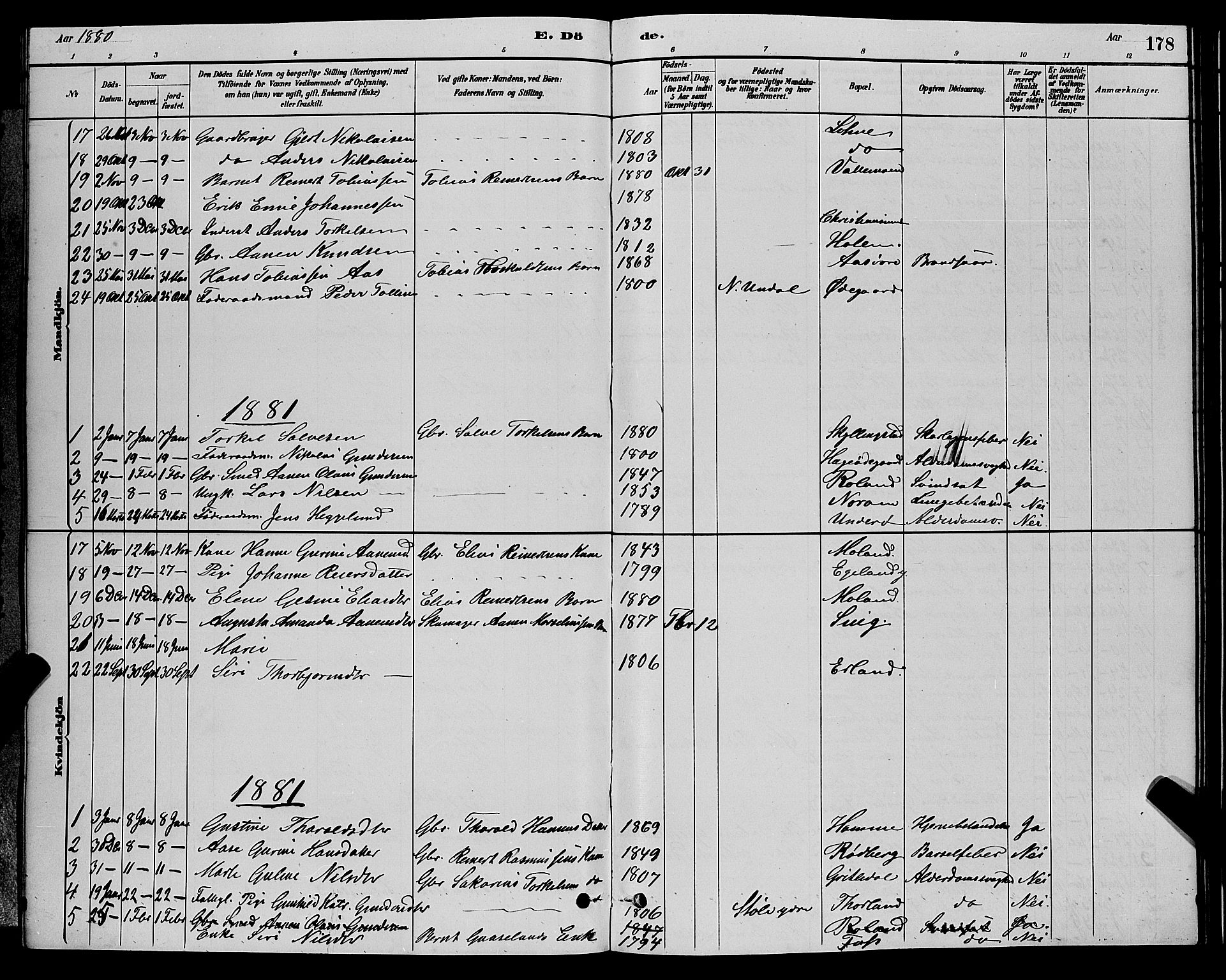 Sør-Audnedal sokneprestkontor, SAK/1111-0039/F/Fb/Fbb/L0005: Parish register (copy) no. B 5, 1880-1892, p. 178