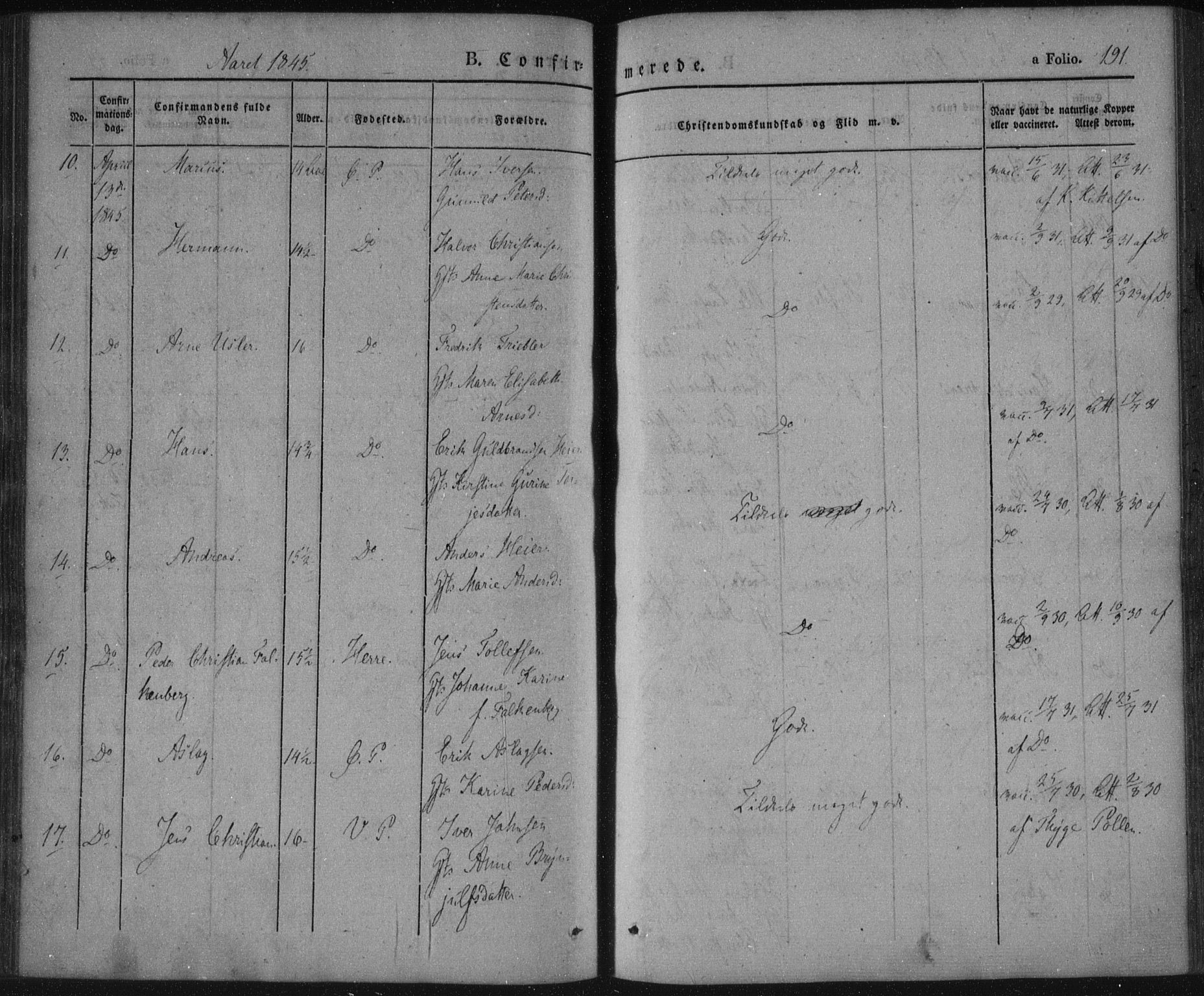Porsgrunn kirkebøker , SAKO/A-104/F/Fa/L0006: Parish register (official) no. 6, 1841-1857, p. 191