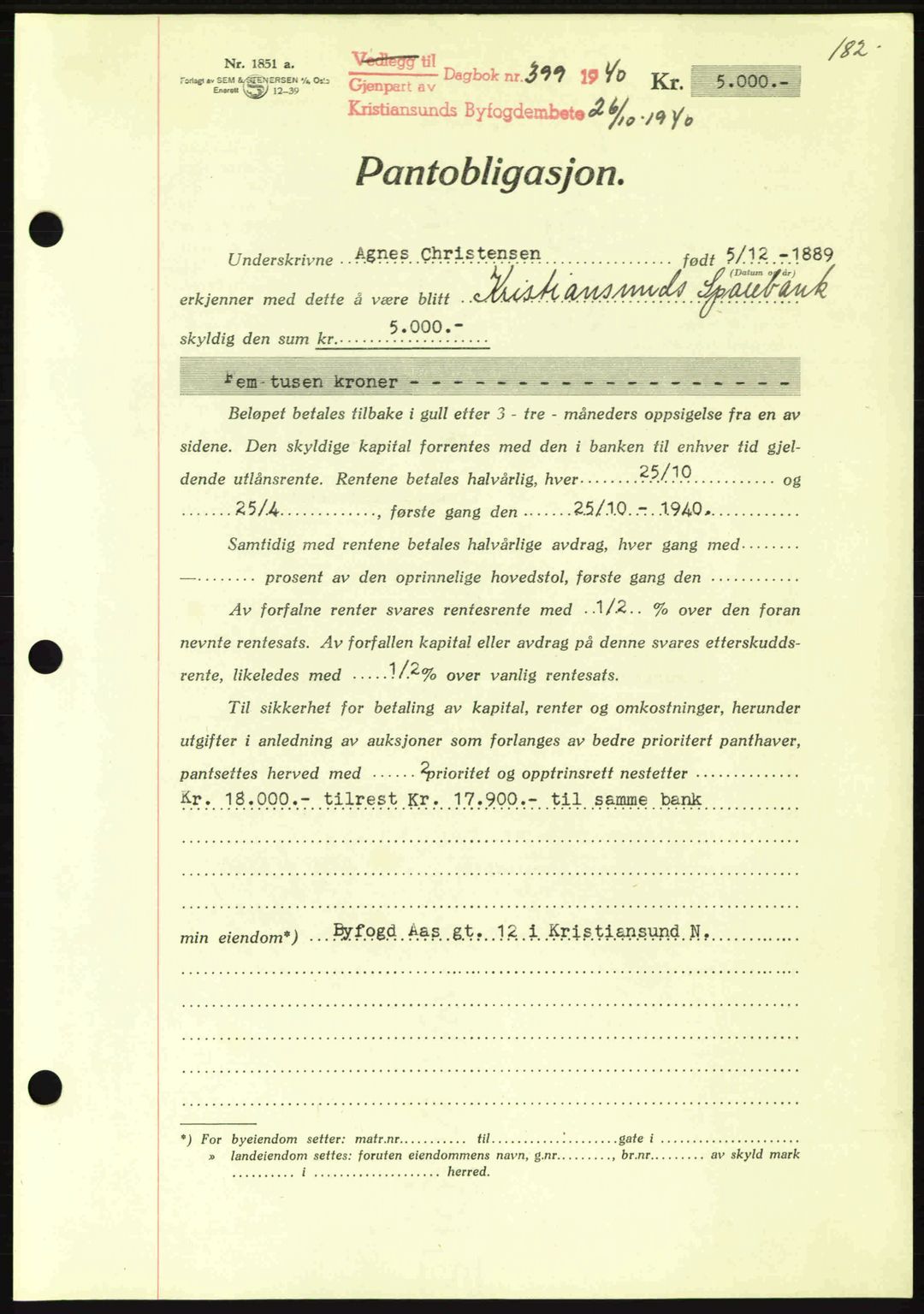 Kristiansund byfogd, SAT/A-4587/A/27: Mortgage book no. 33, 1939-1941, Diary no: : 399/1940
