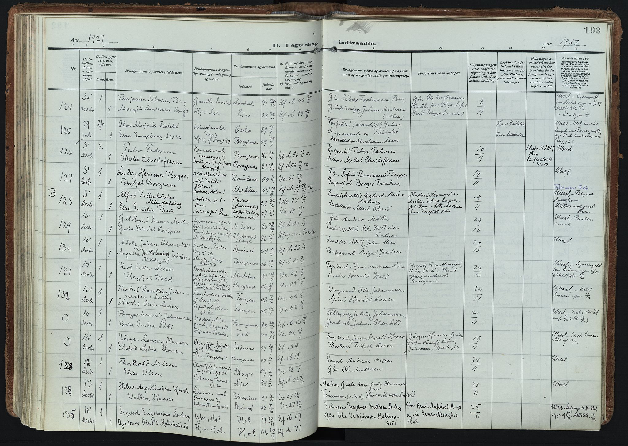 Bragernes kirkebøker, SAKO/A-6/F/Fc/L0009: Parish register (official) no. III 9, 1921-1939, p. 193