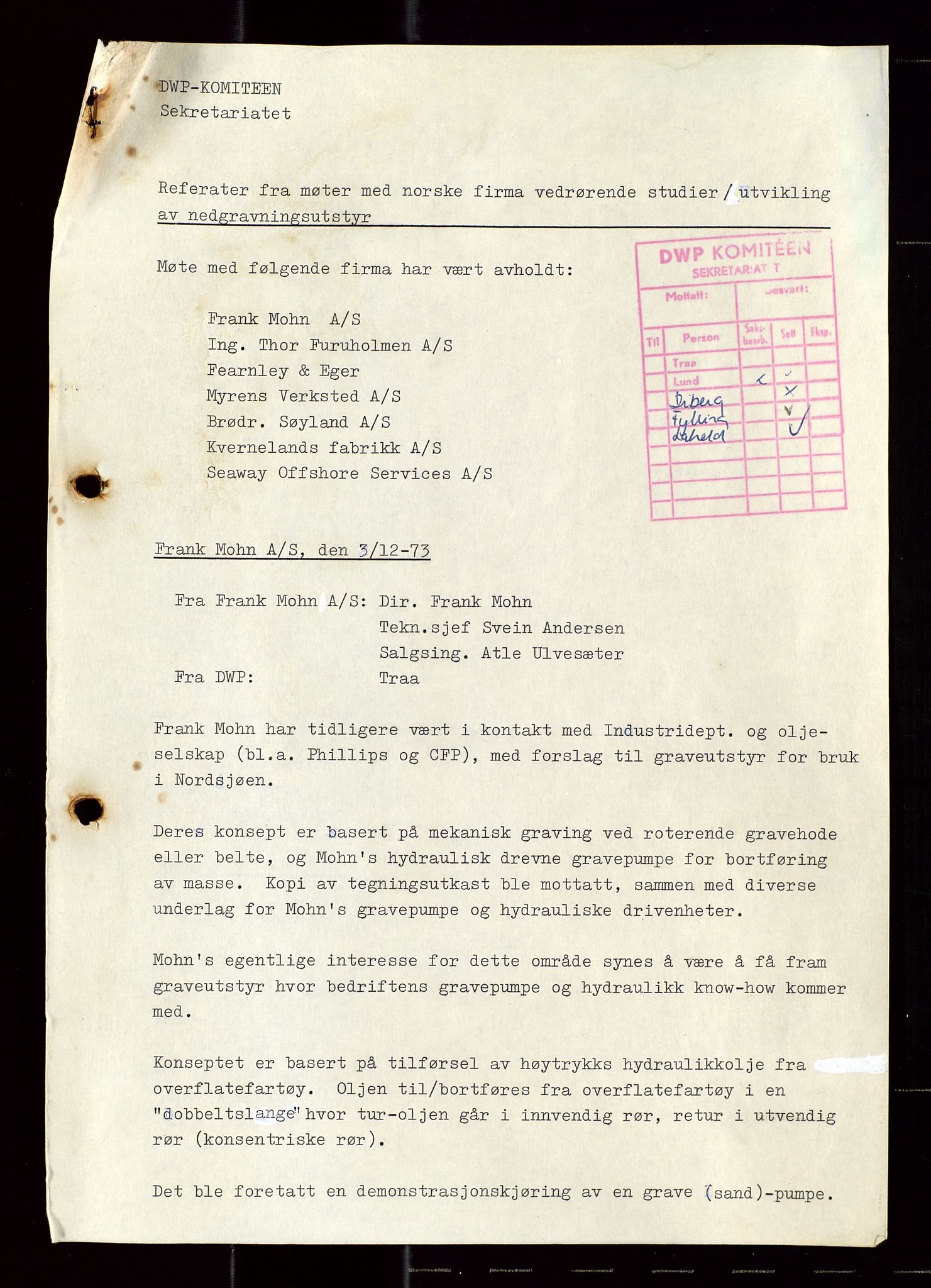 Industridepartementet, Oljekontoret, AV/SAST-A-101348/Di/L0004: DWP, møter, komite`møter, 761 forskning/teknologi, 1972-1975, p. 479