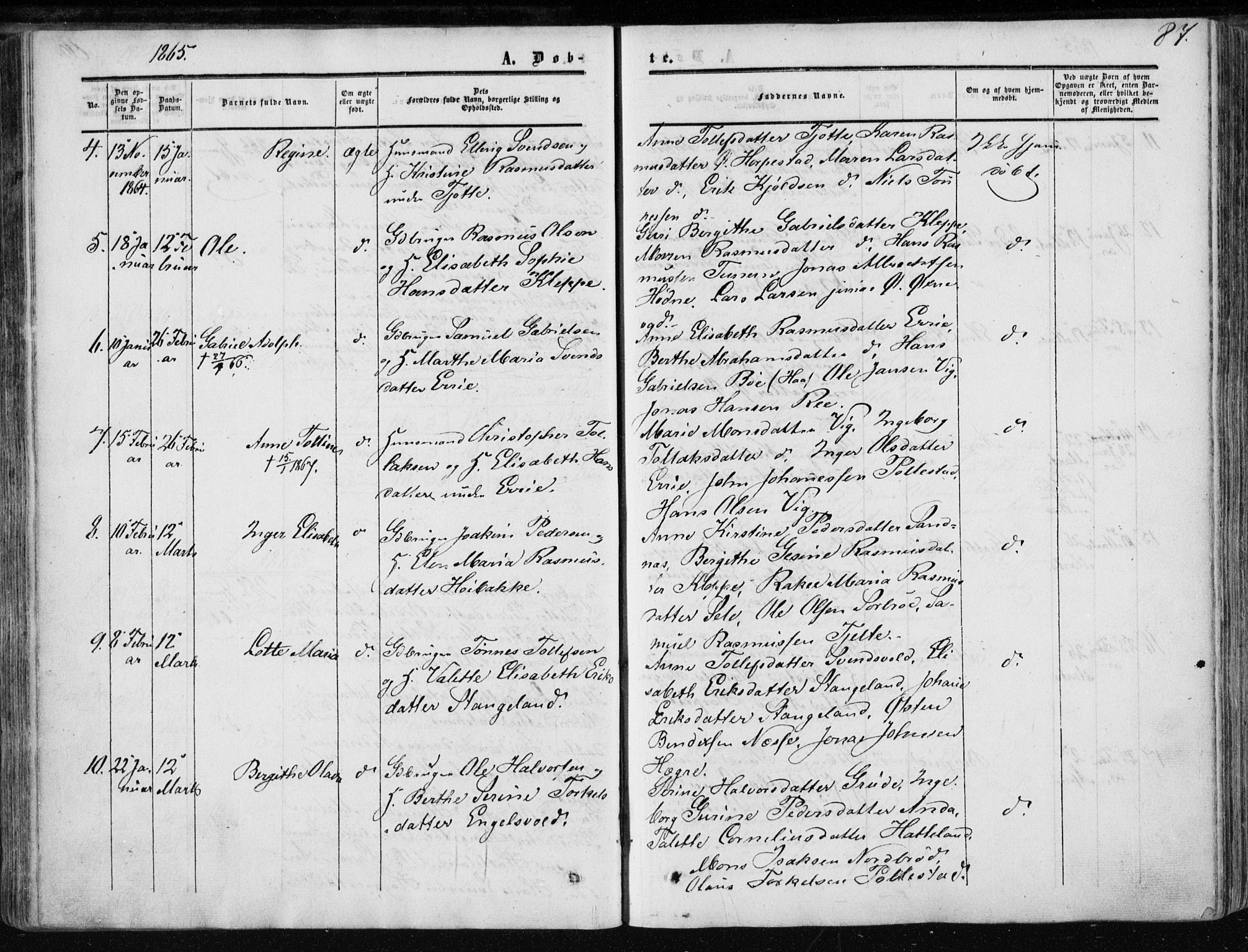 Klepp sokneprestkontor, AV/SAST-A-101803/001/3/30BA/L0005: Parish register (official) no. A 5, 1853-1870, p. 87