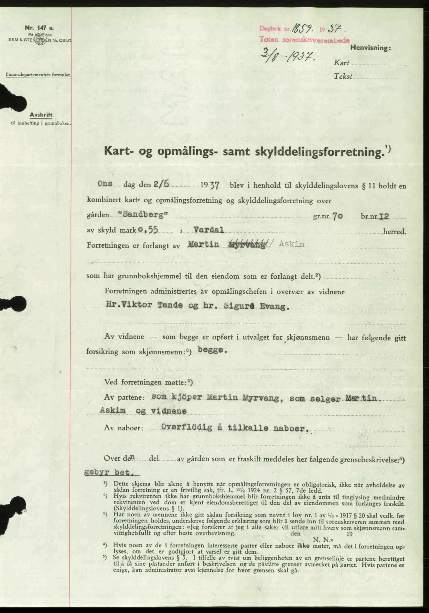 Toten tingrett, SAH/TING-006/H/Hb/Hbc/L0003: Mortgage book no. Hbc-03, 1937-1938, Diary no: : 1859/1937