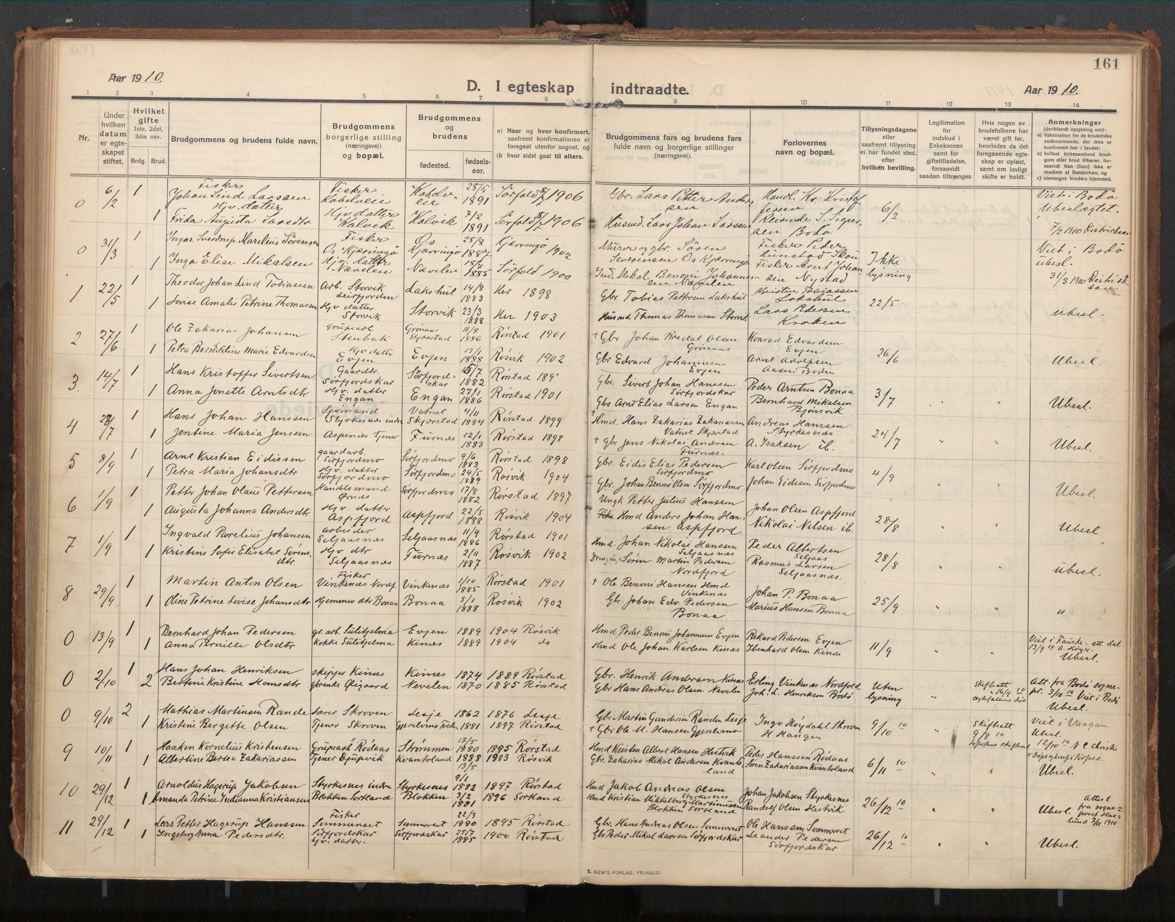 Ministerialprotokoller, klokkerbøker og fødselsregistre - Nordland, SAT/A-1459/854/L0784: Parish register (official) no. 854A07, 1910-1922, p. 161
