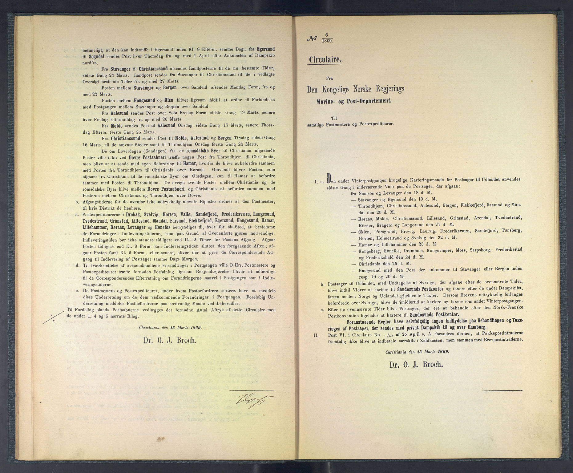 Norges Postmuseums bibliotek, NOPO/-/-/-: Sirkulærer fra Den Kongelige Norske Regjerings Marine- og Postdepartement, 1869