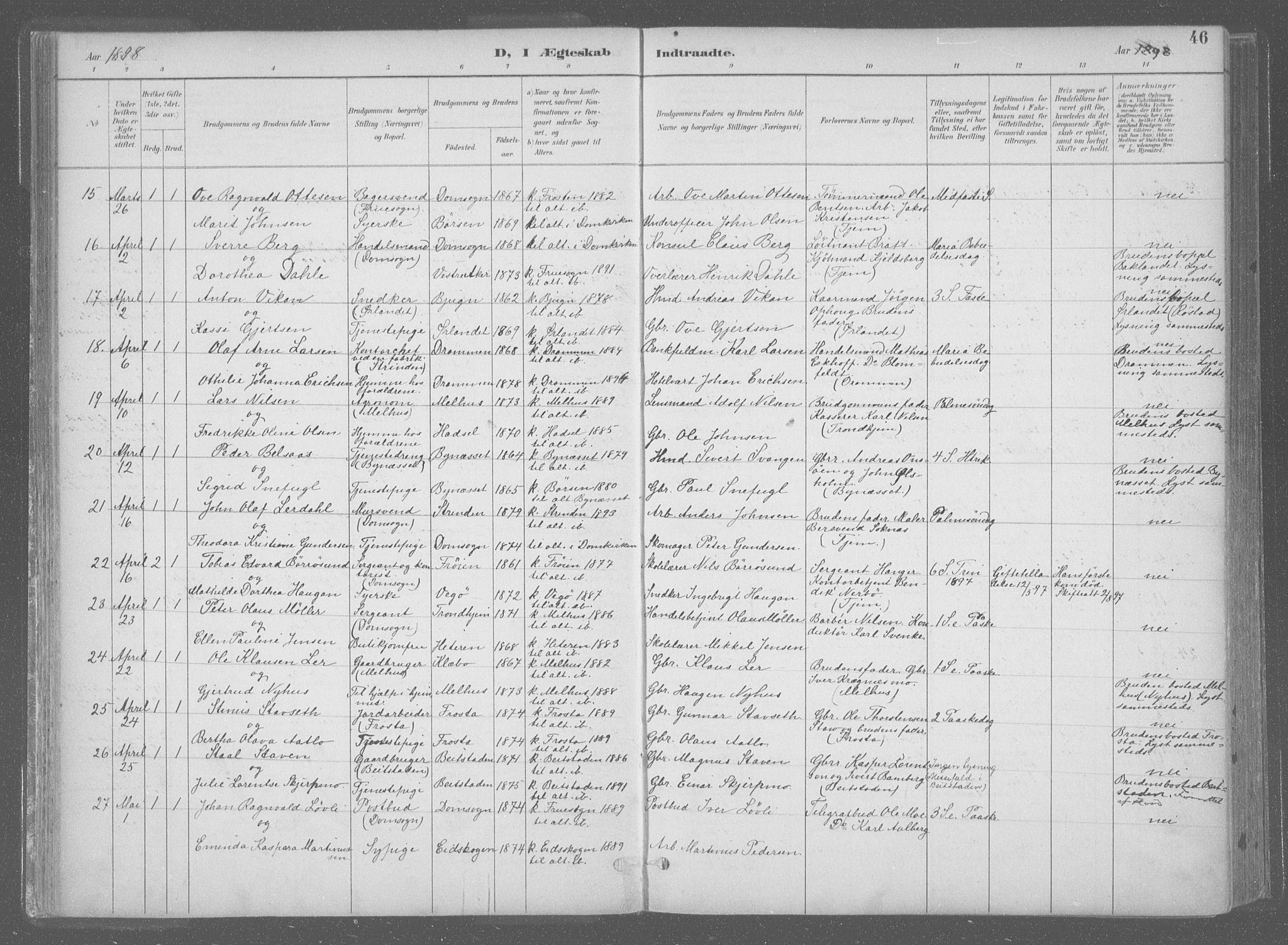Ministerialprotokoller, klokkerbøker og fødselsregistre - Sør-Trøndelag, SAT/A-1456/601/L0064: Parish register (official) no. 601A31, 1891-1911, p. 46