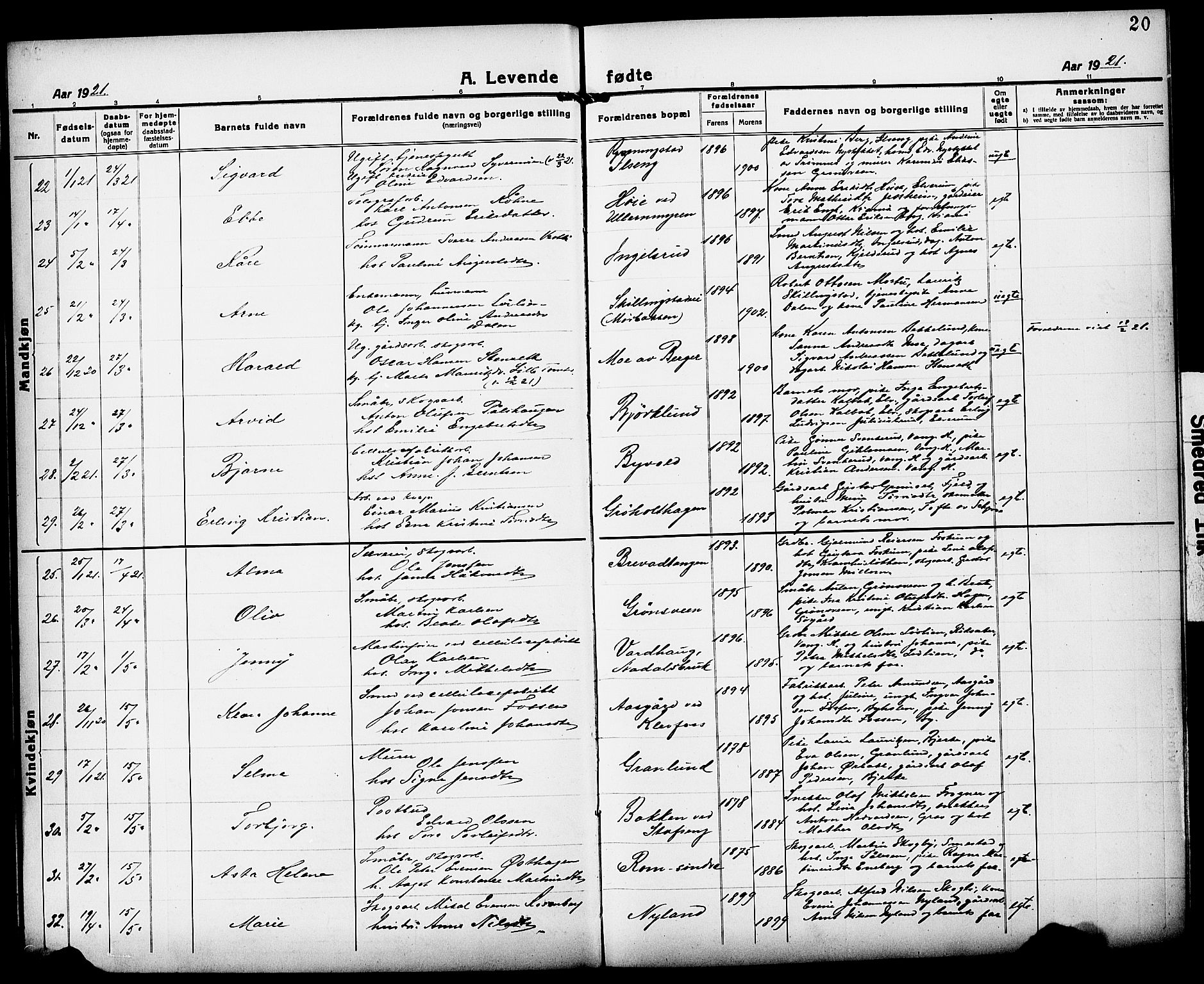 Løten prestekontor, AV/SAH-PREST-022/L/La/L0008: Parish register (copy) no. 8, 1920-1929, p. 20