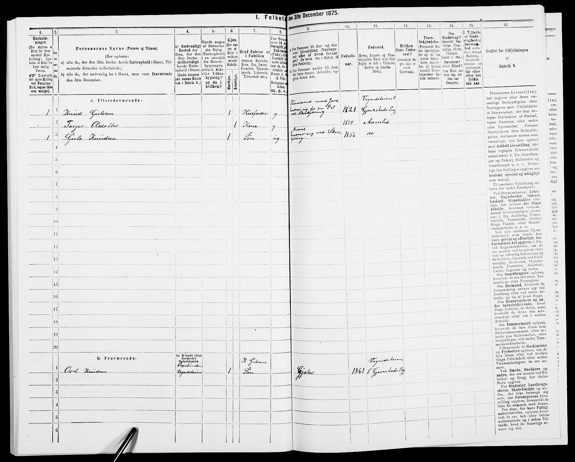 SAK, 1875 census for 0911P Gjerstad, 1875, p. 1354