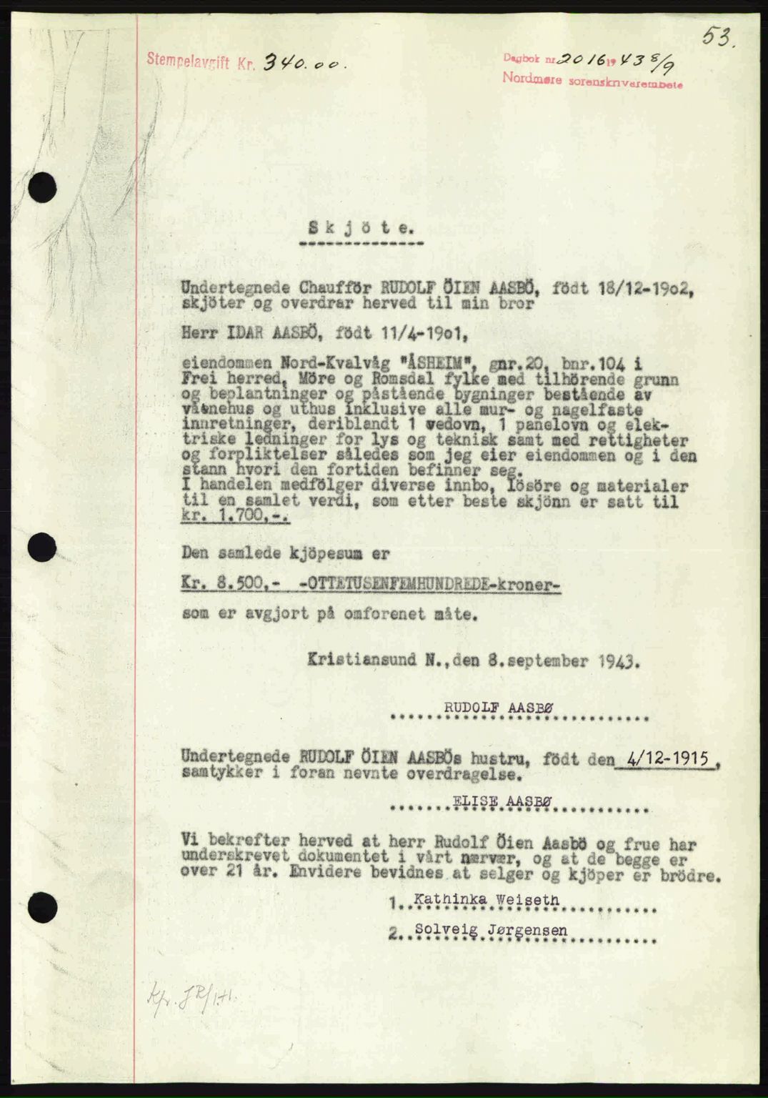 Nordmøre sorenskriveri, SAT/A-4132/1/2/2Ca: Mortgage book no. A96, 1943-1944, Diary no: : 2016/1943