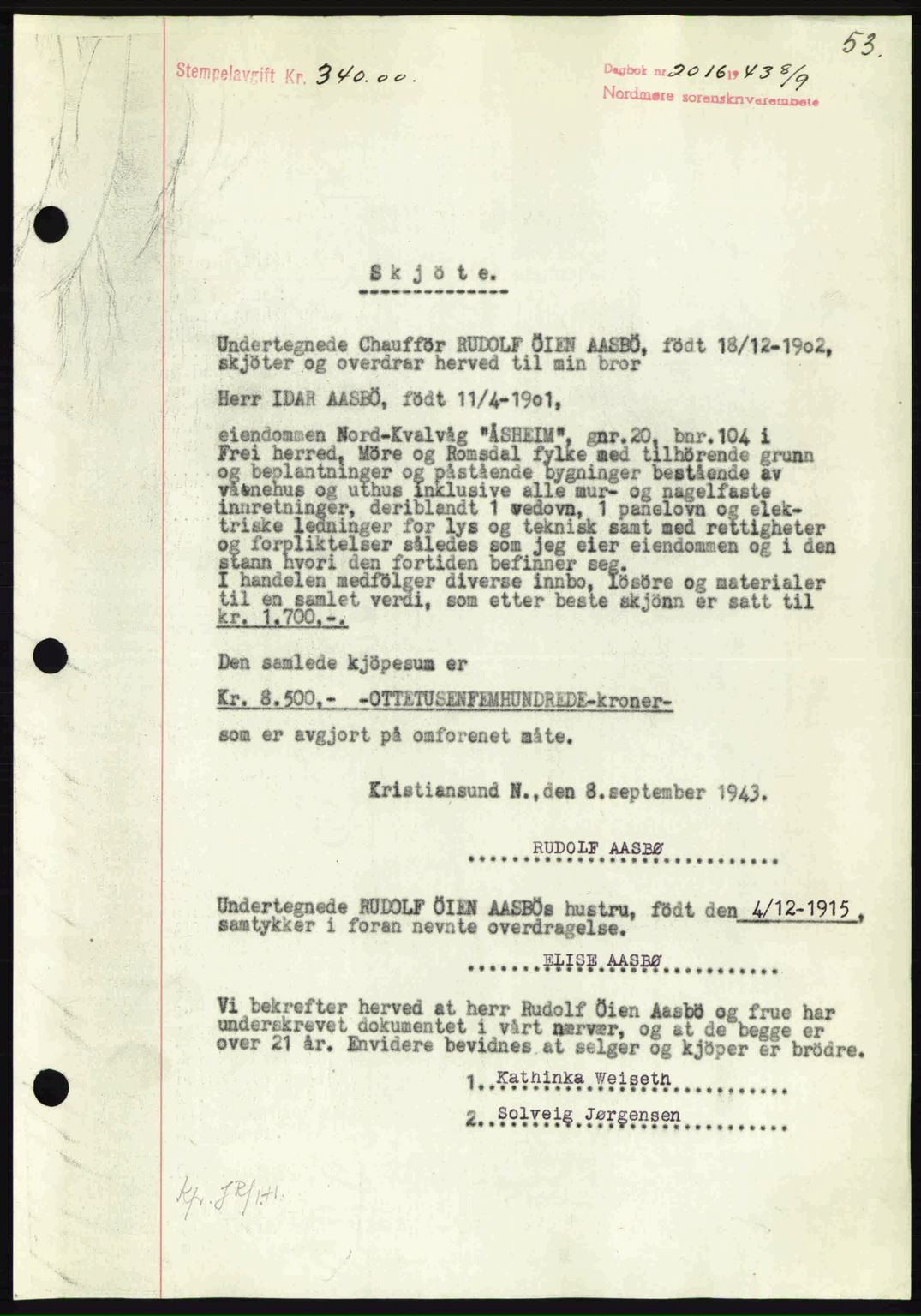 Nordmøre sorenskriveri, AV/SAT-A-4132/1/2/2Ca: Mortgage book no. A96, 1943-1944, Diary no: : 2016/1943