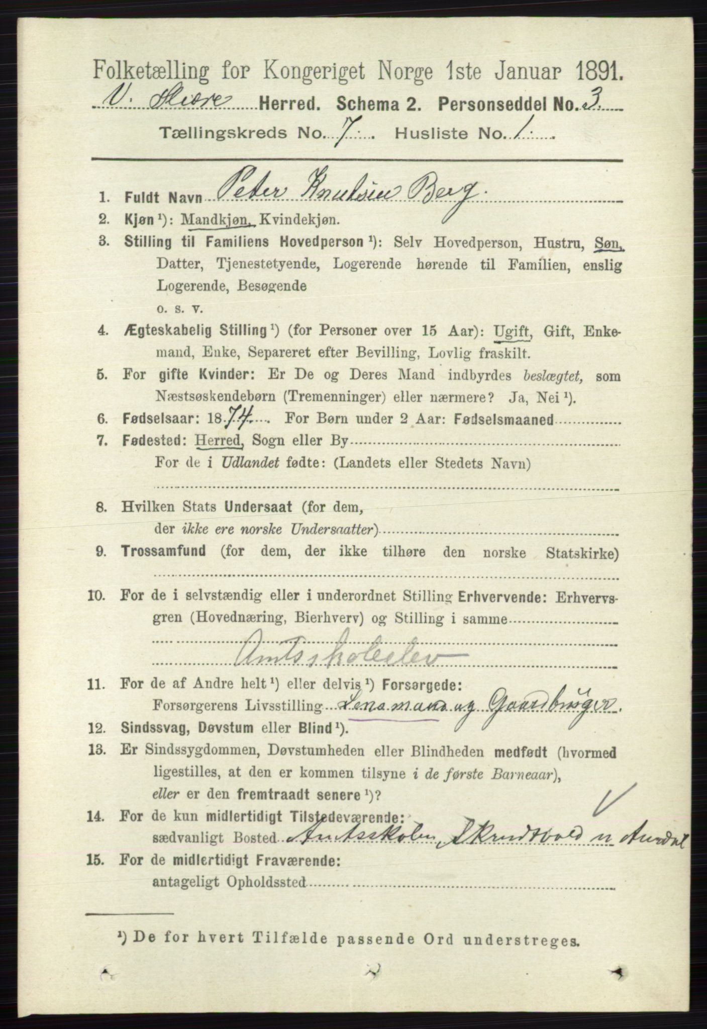 RA, 1891 census for 0543 Vestre Slidre, 1891, p. 2575