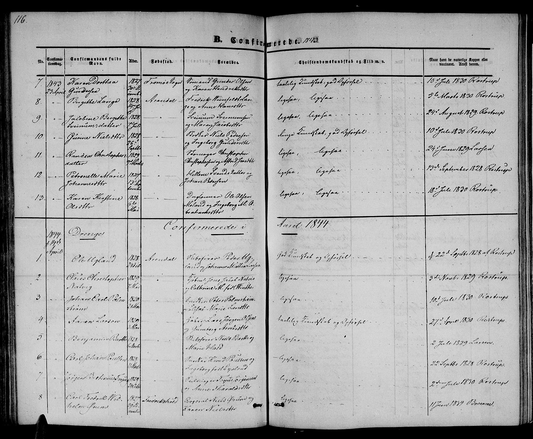Arendal sokneprestkontor, Trefoldighet, SAK/1111-0040/F/Fb/L0002: Parish register (copy) no. B 2, 1838-1860, p. 116