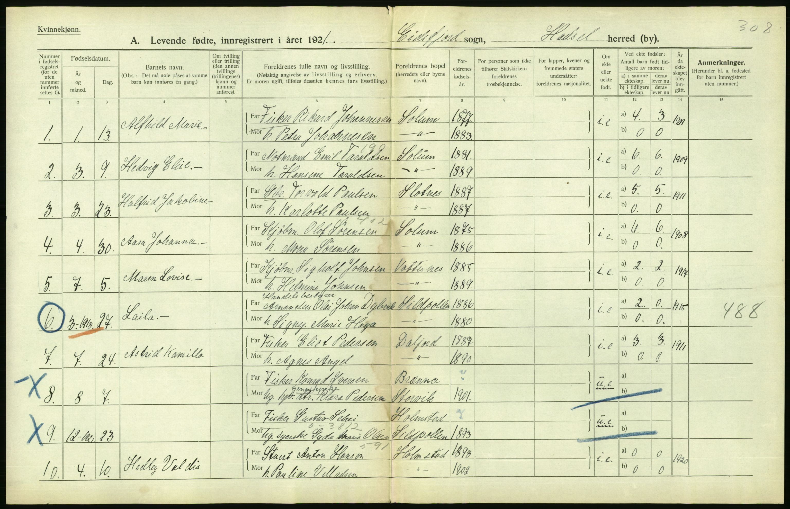 Statistisk sentralbyrå, Sosiodemografiske emner, Befolkning, AV/RA-S-2228/D/Df/Dfc/Dfca/L0049: Nordland fylke: Levendefødte menn og kvinner. Bygder., 1921, p. 376