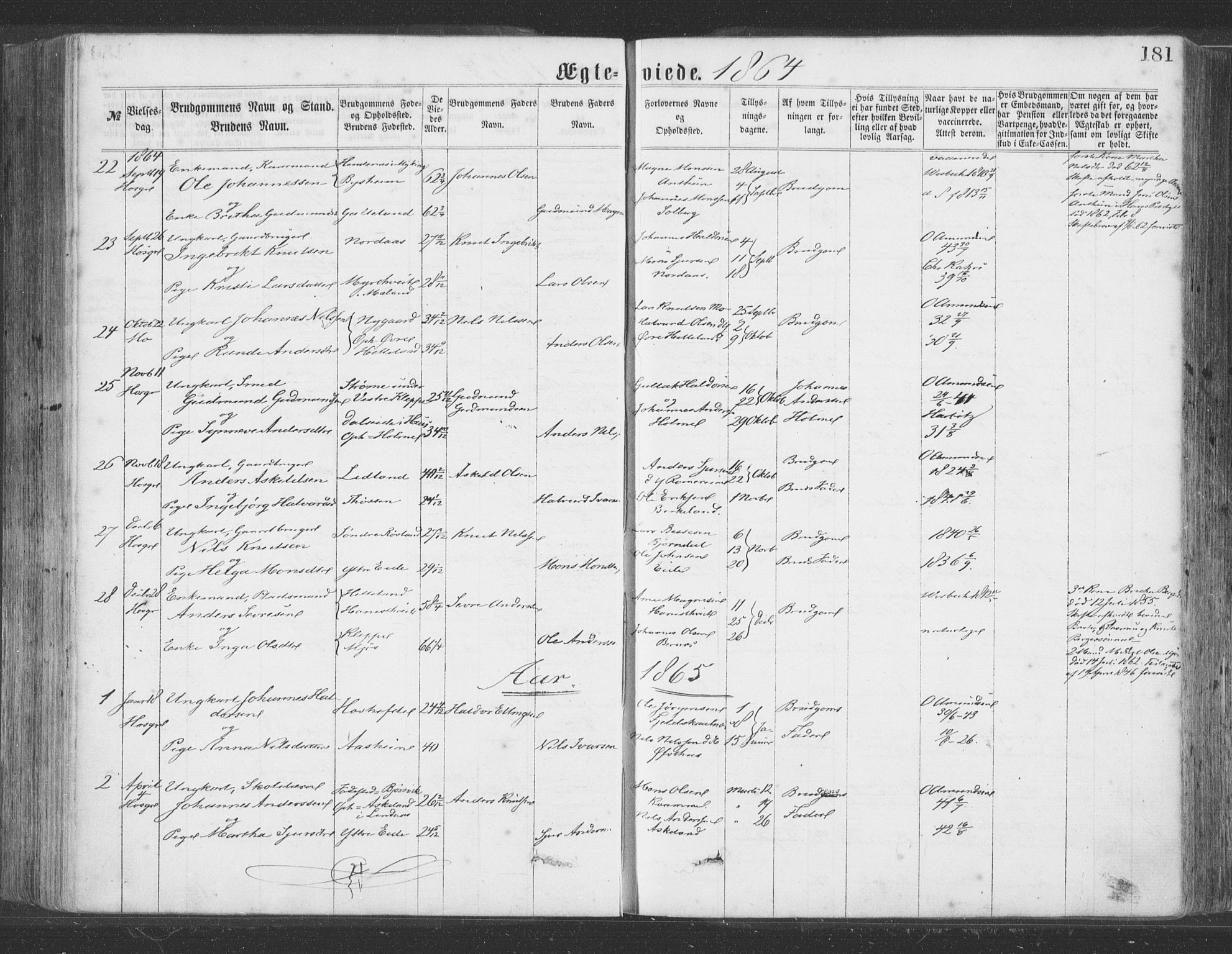 Hosanger sokneprestembete, AV/SAB-A-75801/H/Haa: Parish register (official) no. A 9, 1864-1876, p. 181