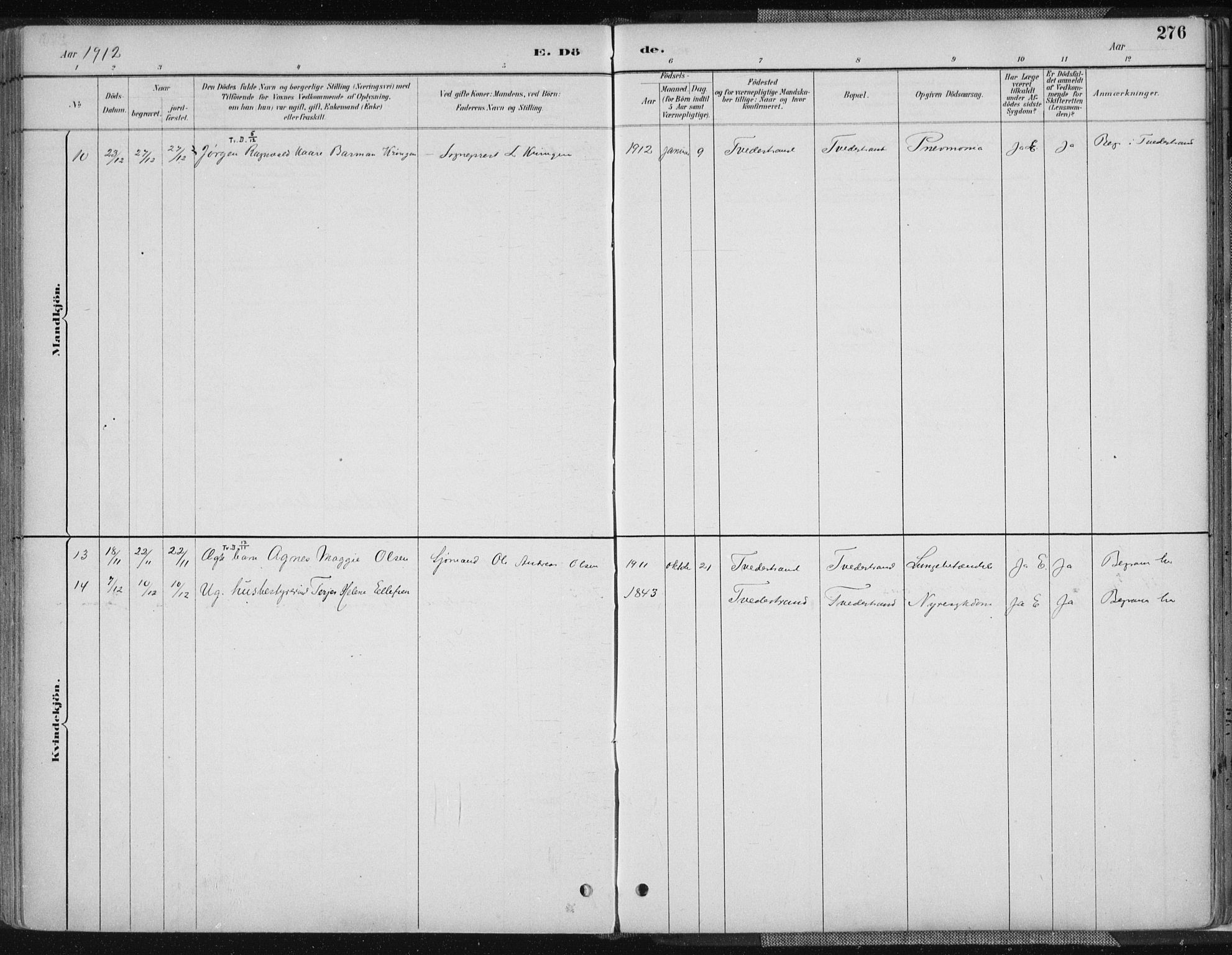 Tvedestrand sokneprestkontor, AV/SAK-1111-0042/F/Fa/L0001: Parish register (official) no. A 1, 1885-1916, p. 276