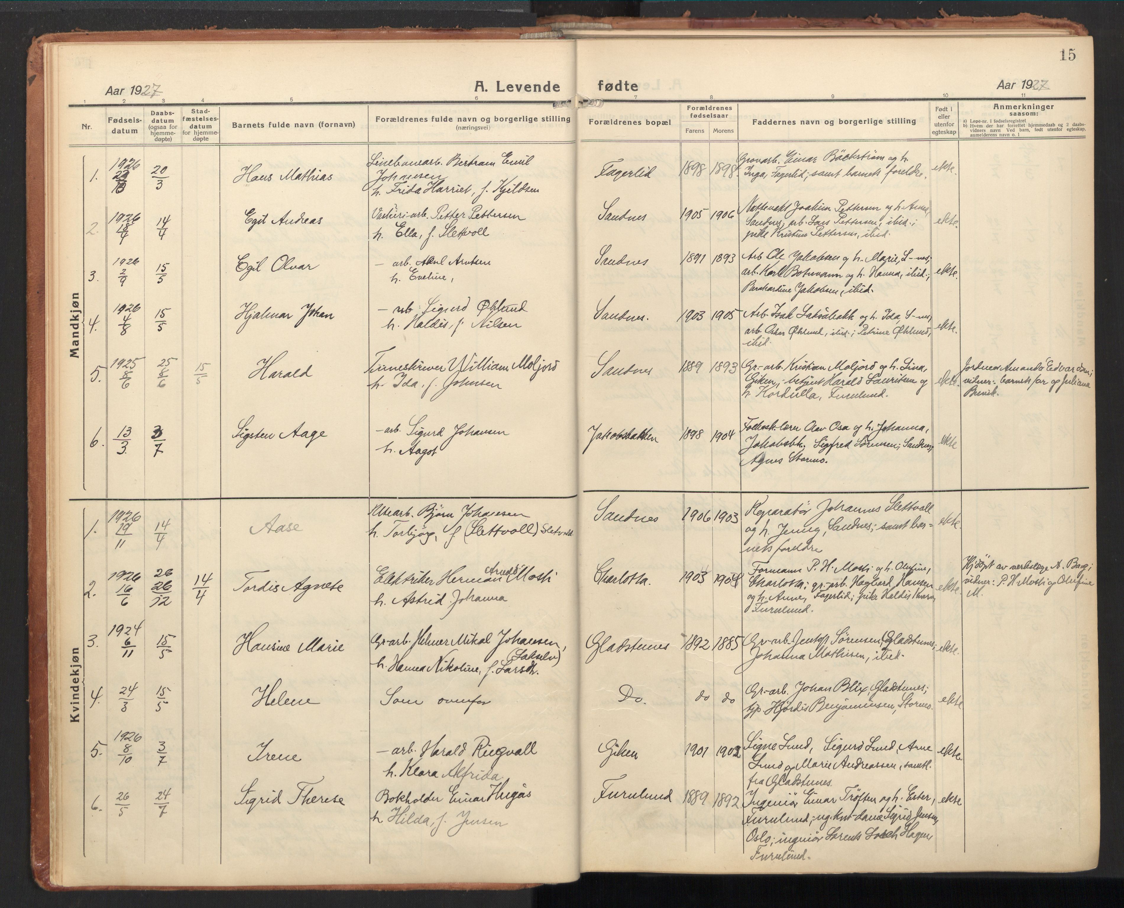 Ministerialprotokoller, klokkerbøker og fødselsregistre - Nordland, SAT/A-1459/850/L0716: Curate's parish register no. 850B06, 1924-1938, p. 15