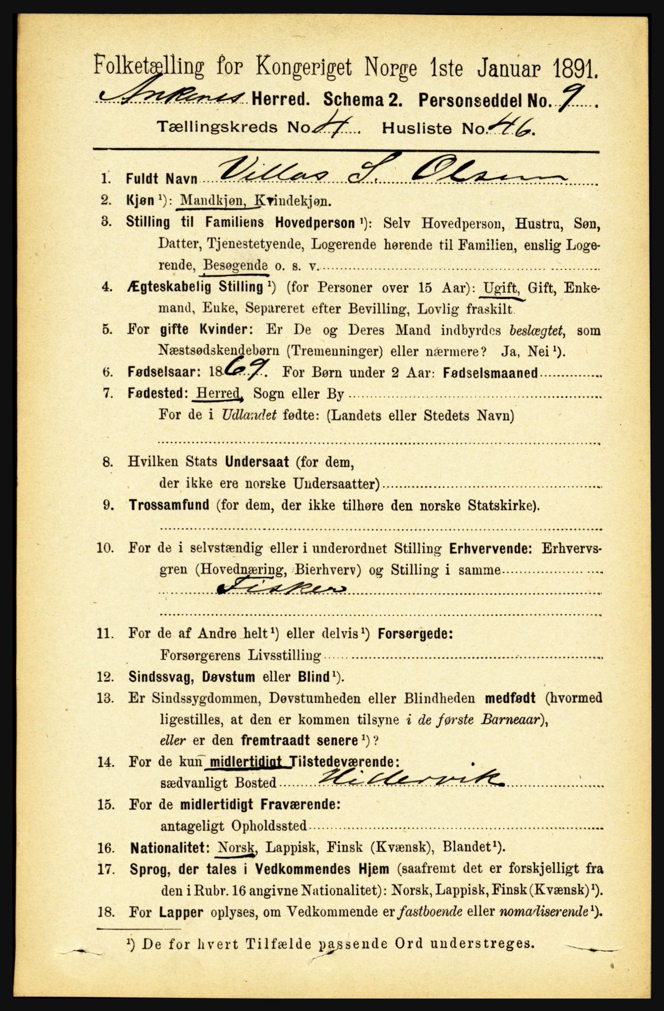 RA, 1891 census for 1855 Ankenes, 1891, p. 2624