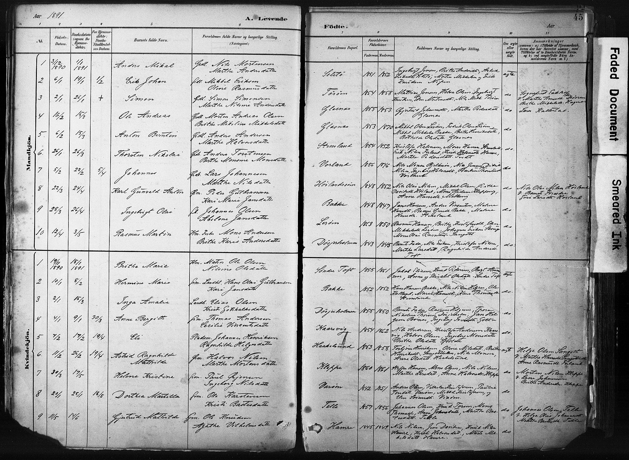 Sund sokneprestembete, SAB/A-99930: Parish register (official) no. B 1, 1882-1907, p. 45