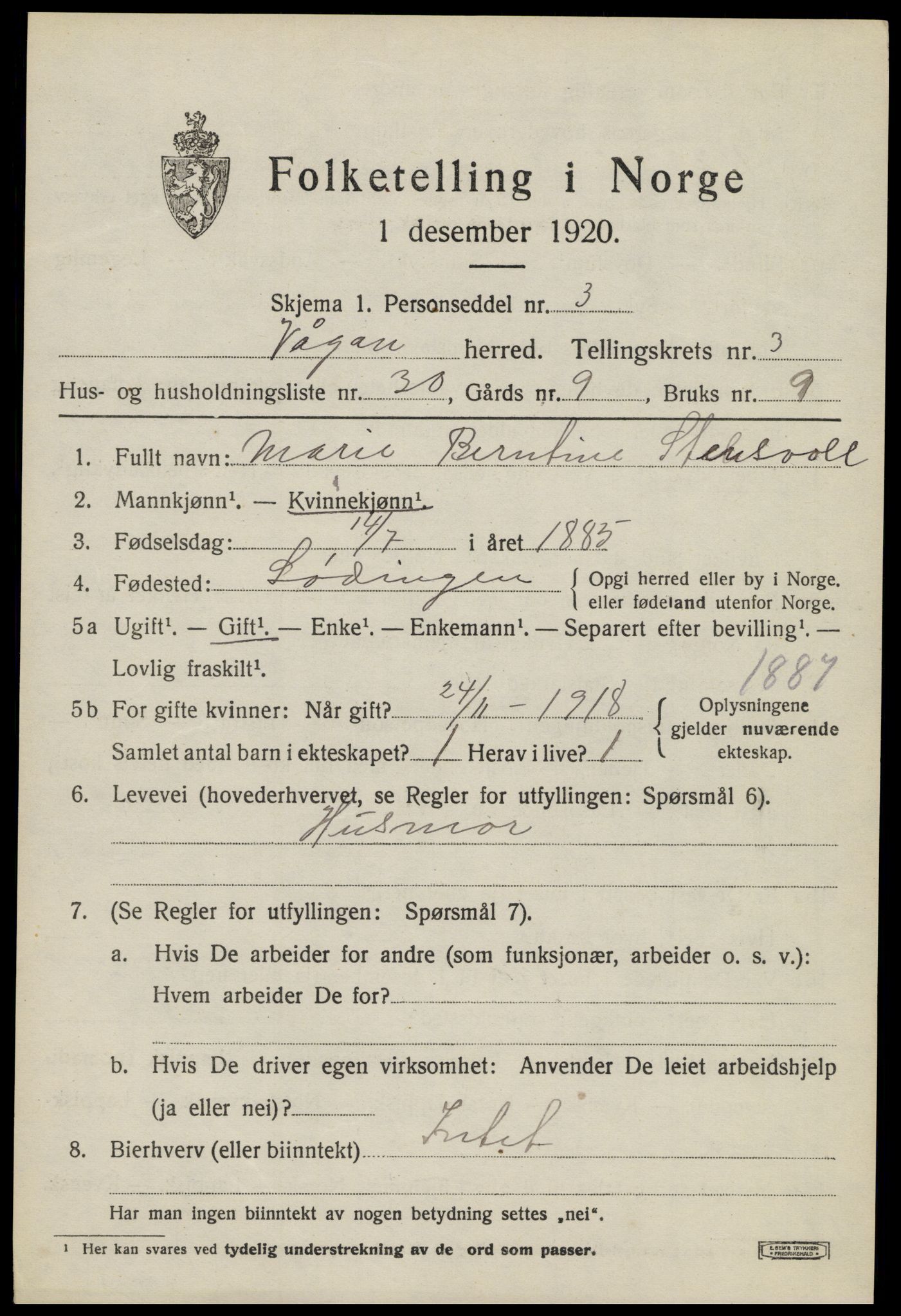 SAT, 1920 census for Vågan, 1920, p. 2947