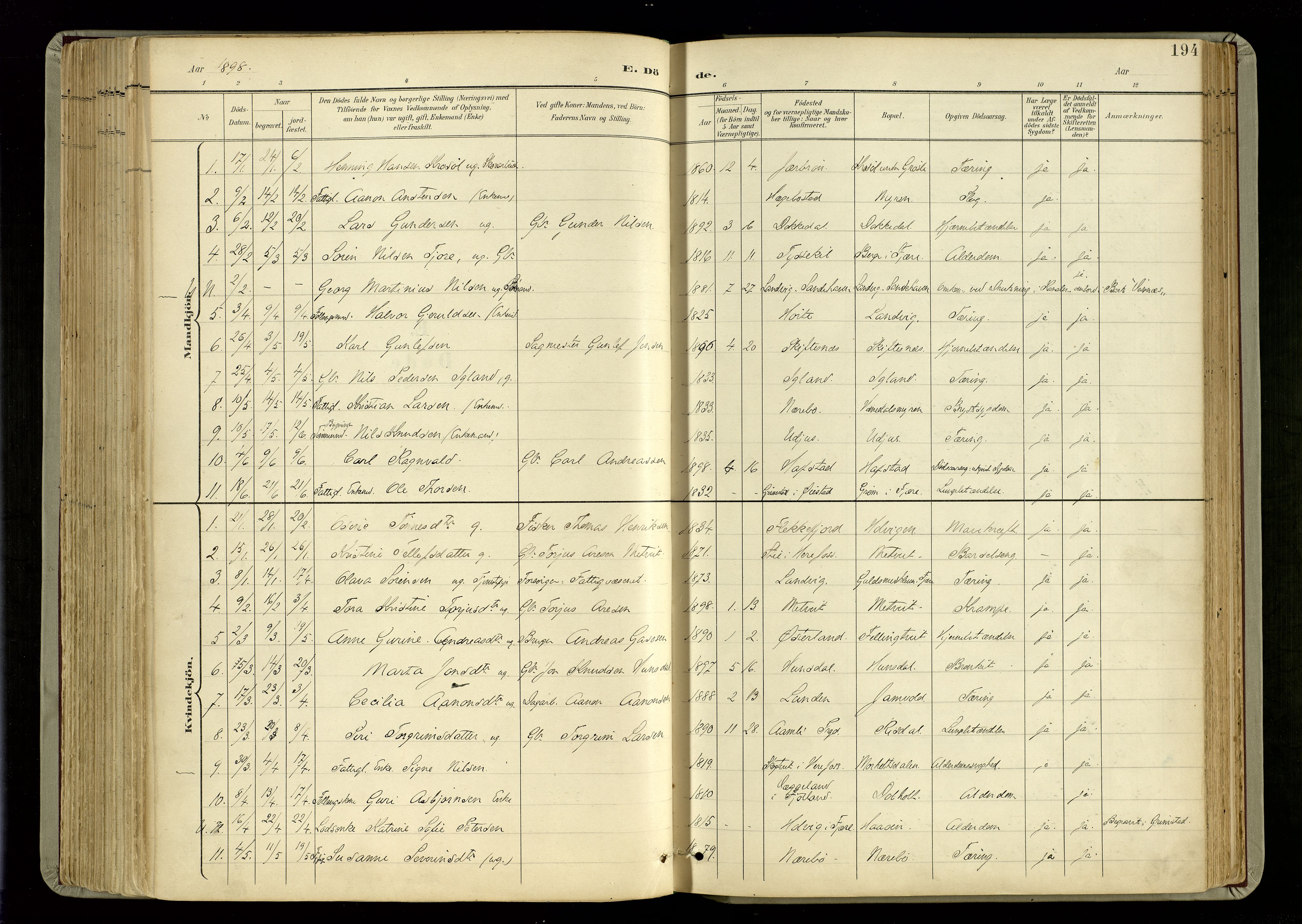 Hommedal sokneprestkontor, SAK/1111-0023/F/Fa/Fab/L0007: Parish register (official) no. A 7, 1898-1924, p. 194