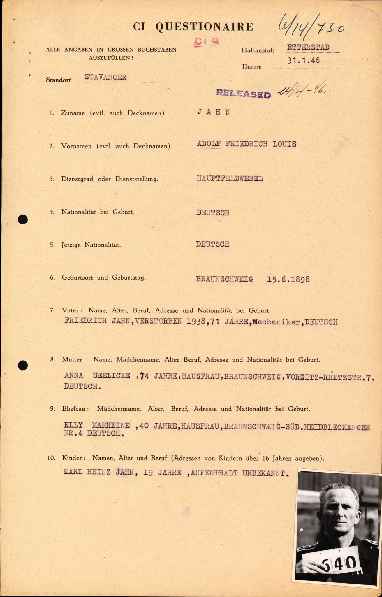 Forsvaret, Forsvarets overkommando II, RA/RAFA-3915/D/Db/L0014: CI Questionaires. Tyske okkupasjonsstyrker i Norge. Tyskere., 1945-1946, p. 472