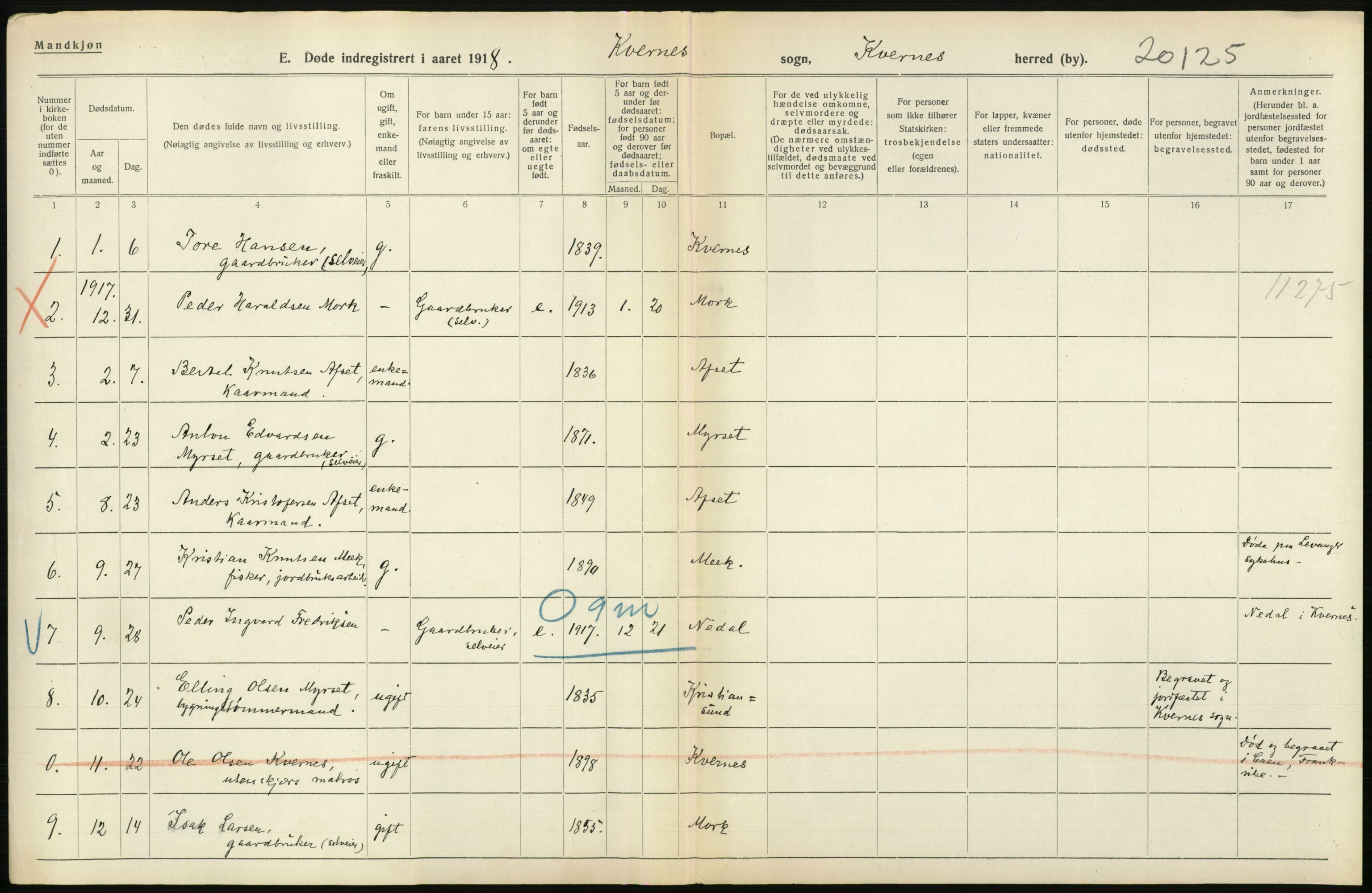 Statistisk sentralbyrå, Sosiodemografiske emner, Befolkning, RA/S-2228/D/Df/Dfb/Dfbh/L0045: Møre fylke: Døde. Bygder og byer., 1918, p. 462