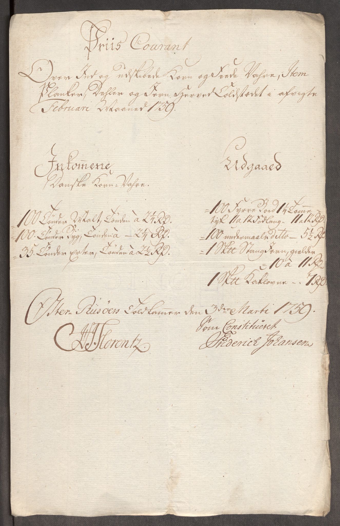 Rentekammeret inntil 1814, Realistisk ordnet avdeling, RA/EA-4070/Oe/L0006: [Ø1]: Priskuranter, 1758-1760, p. 574