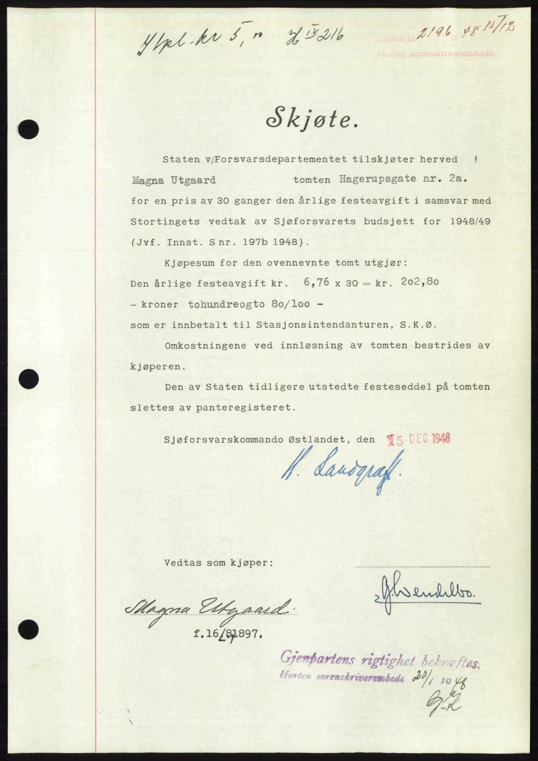 Horten sorenskriveri, AV/SAKO-A-133/G/Ga/Gaa/L0011: Mortgage book no. A-11, 1948-1948, Diary no: : 2196/1948