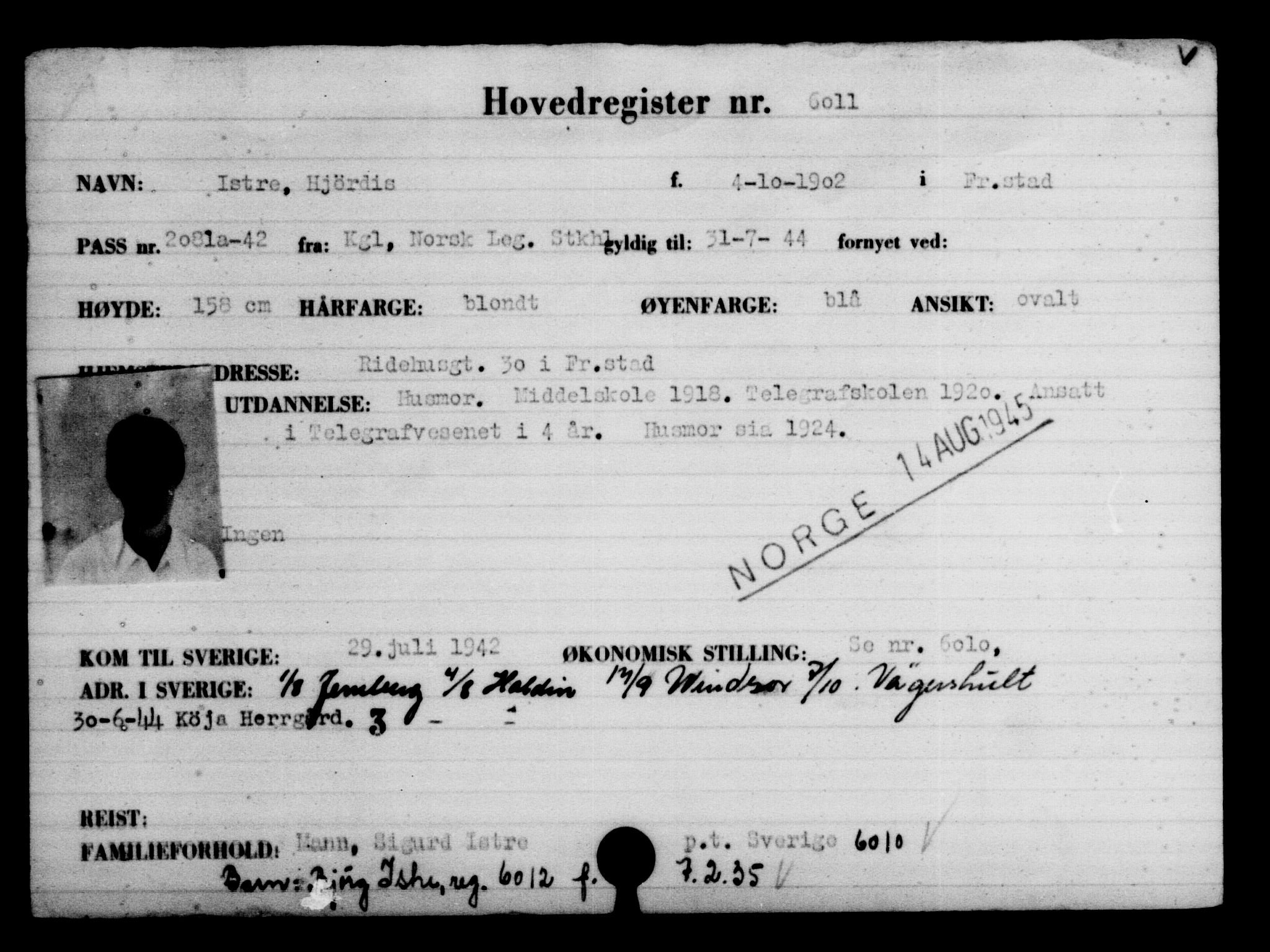 Utenriksstasjonene, Legasjonen i Stockholm, Flyktningkontoret, AV/RA-S-6753/V/Va/L0004: Kjesäterkartoteket, flyktninger med registreringsnr. 3496-6610, 1940-1945, p. 2942